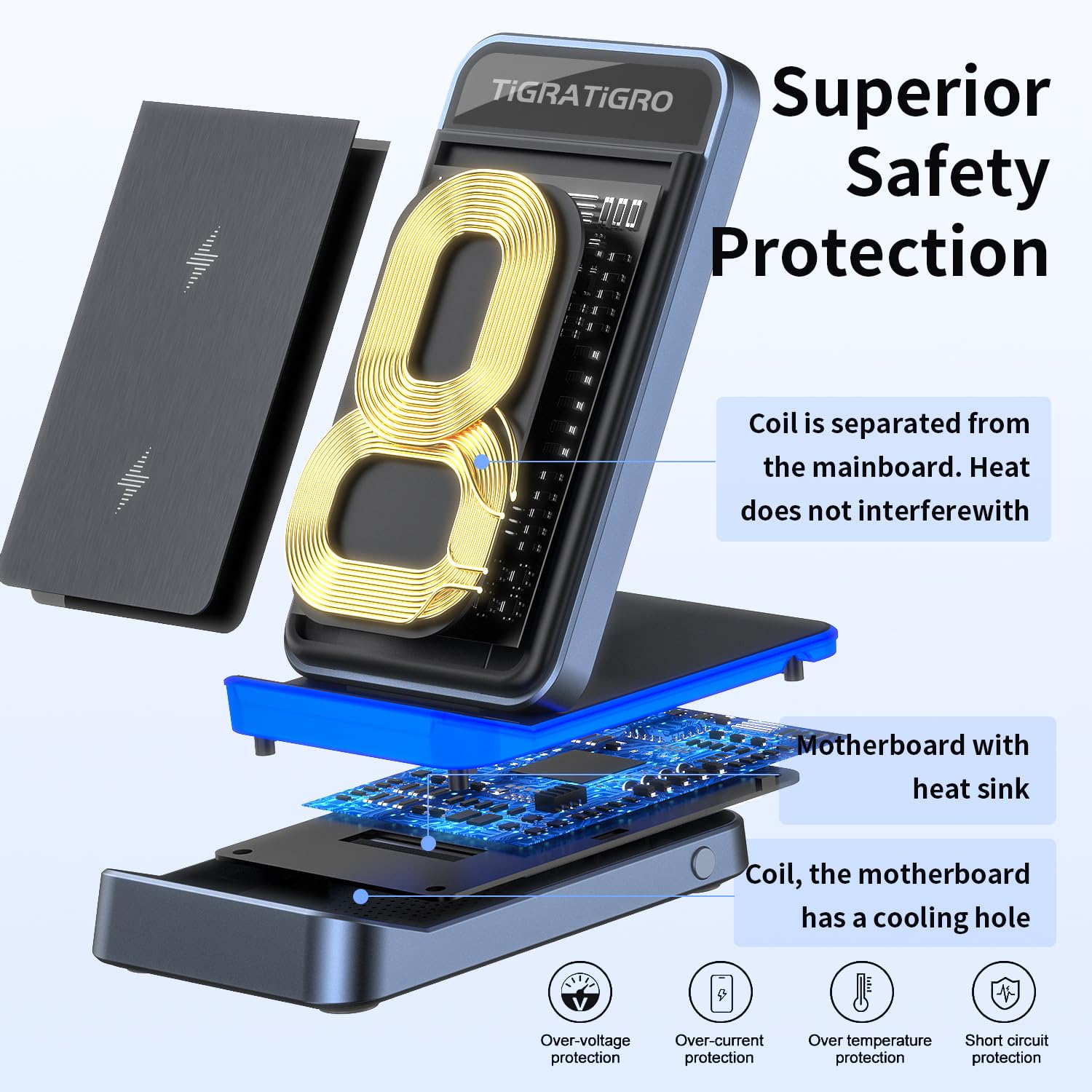 TigraTigro Caricatore Wireless 15W Qi Pieghevole, Ricarica Rapida per iPhone 16/15/14/13/12, Samsung Galaxy Google Pixel, Supporto Auricolari, Design Compatto (Nero)