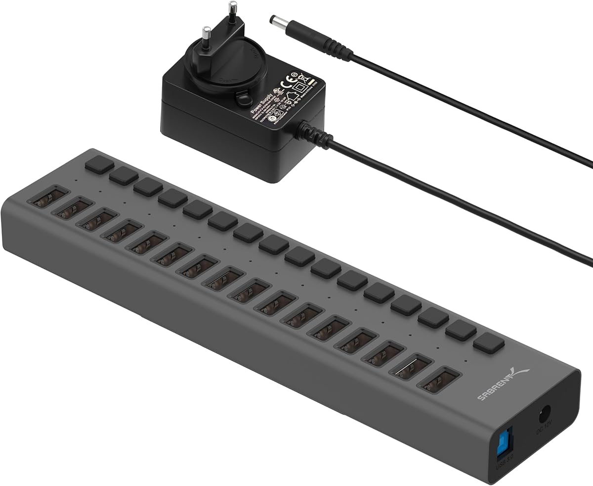 SABRENT 16-Port USB Hub Aktiv mit Netzteil – 90W USB Ladegerät Mehrfach mit Schaltern, Mount Bracket – 2-in-1 USB Ladestation & Aktiver Powered Hub 3.2x1, Charger für Handy, Laptop, PC, usw (HB-PU16)