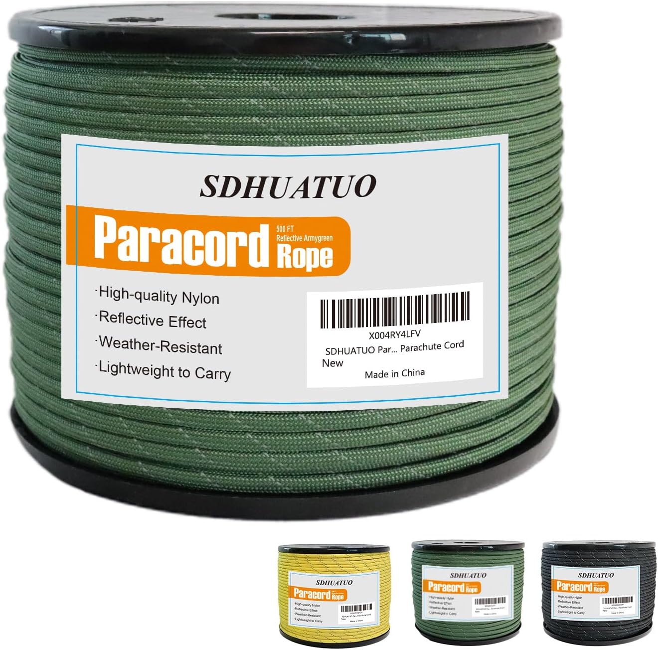 SDHUATUO Paracord Rope 500FT, 550lb Type III Nylon Parachute Cord 7-Strand Core with Reflective Strips, Utility String for Survival, Camping Gear, Hiking, DIY, Crafting, Outdoor, ArmyGreen