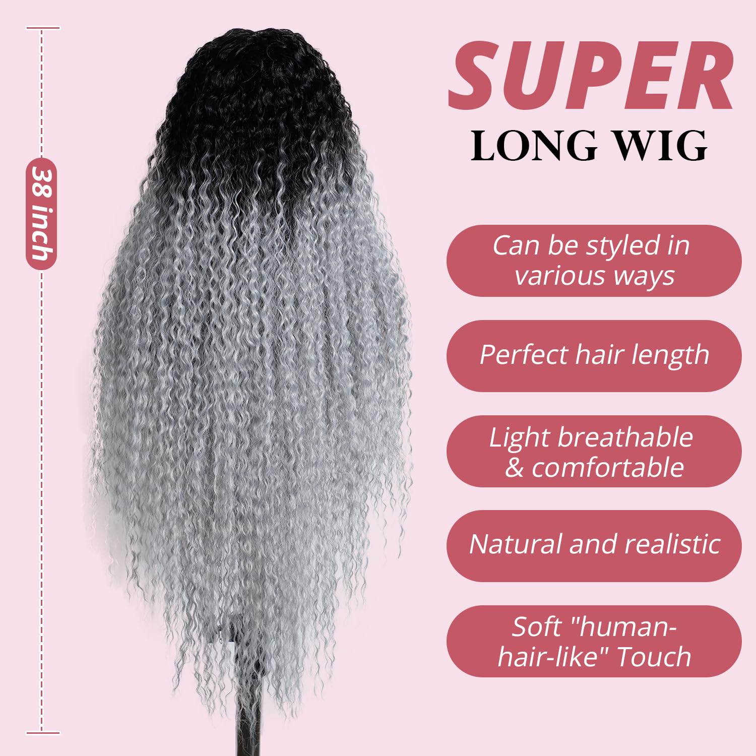 Style Icon Super Long Curly Synthetic Lace Front Wigs for Women 38 inch Ombre Gray T Part Lace Deep Wave Wigs Pre Plucked Hairline with Baby Hair (TT4/M.GREY) - Image 4