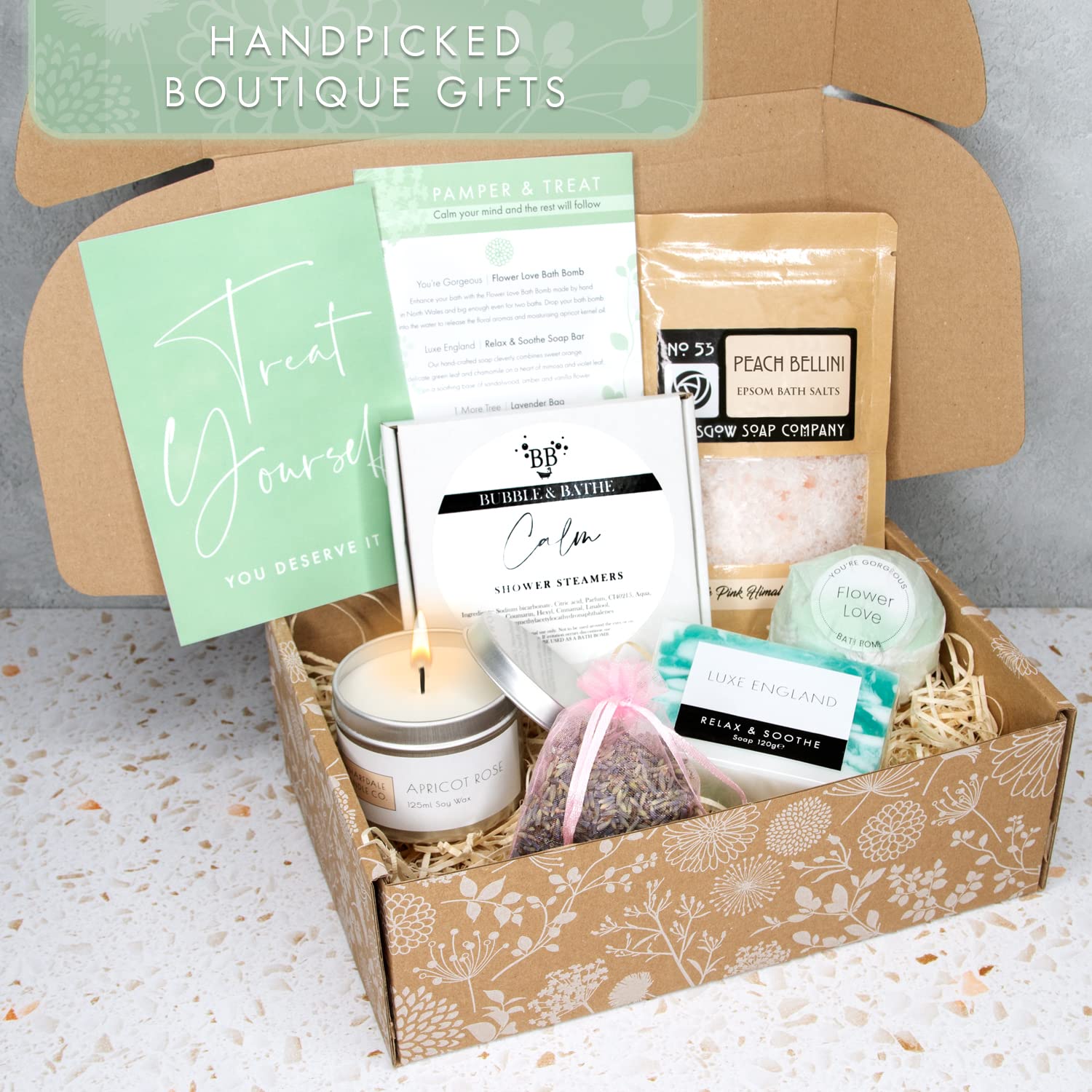 PAMPER & TREAT Gift Hampers For Women - All Occasion Gifts for Her Handmade in the UK by 6 Small Businesses: Shower Steamers, Candle, Bath Bomb & More - Best Birthday Hampers for Women by Luxe England