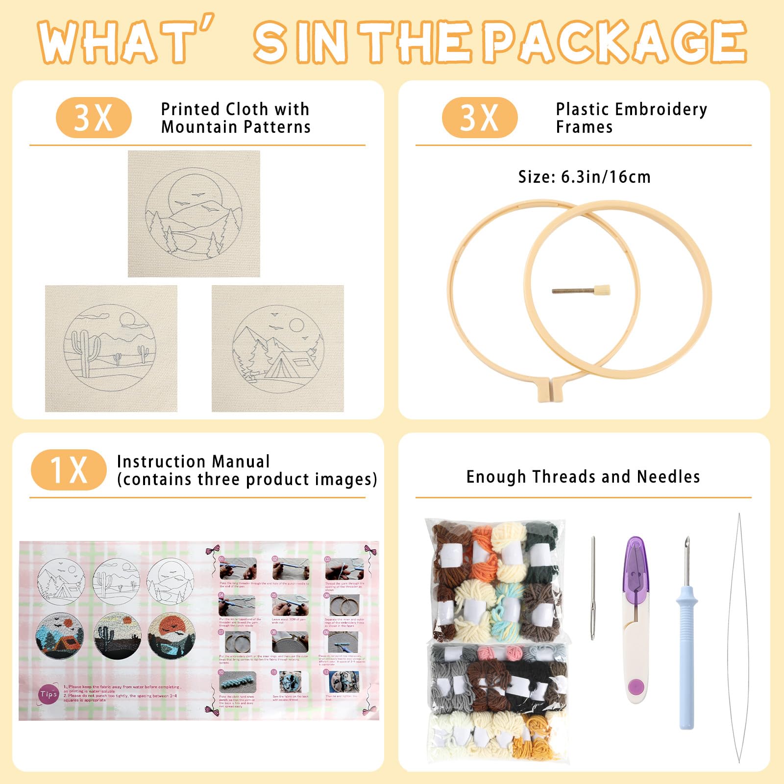 ojustbeok Juego de 3 kits de iniciación de bordado de aguja de perforación, incluye tela de aguja de perforación con patrón, hilos, aros de bordado, agujas de coser, instrucciones para adultos,