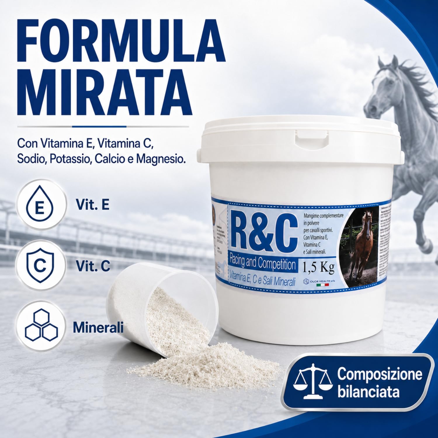 R&C Elettroliti Polvere 1,5Kg - Mangime Complementare per Cavalli Sportivi | Vitamina E, C e Sali Minerali - Ideale Pre Gara e Sforzi Intensi - 2 Prodotti in 1 per Idratazione - OLOR HEALTH