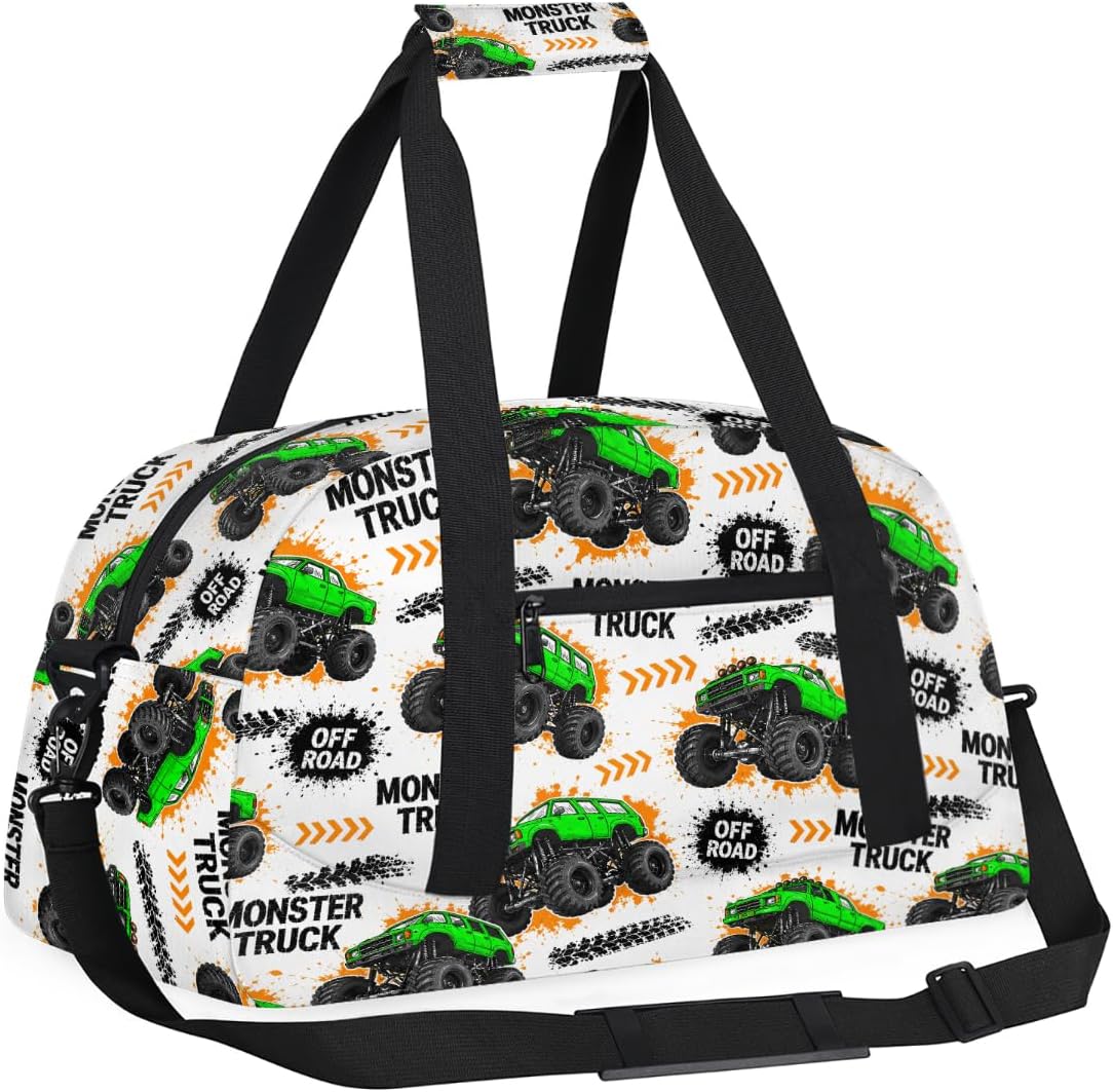 Gym Travel Duffle Bag for Boys - Kids Overnighter Weekend Bag with Front Zipper Pocket for School Practice, Green Monster Car Trucks Teens Carry-On Size Sleepover Bags