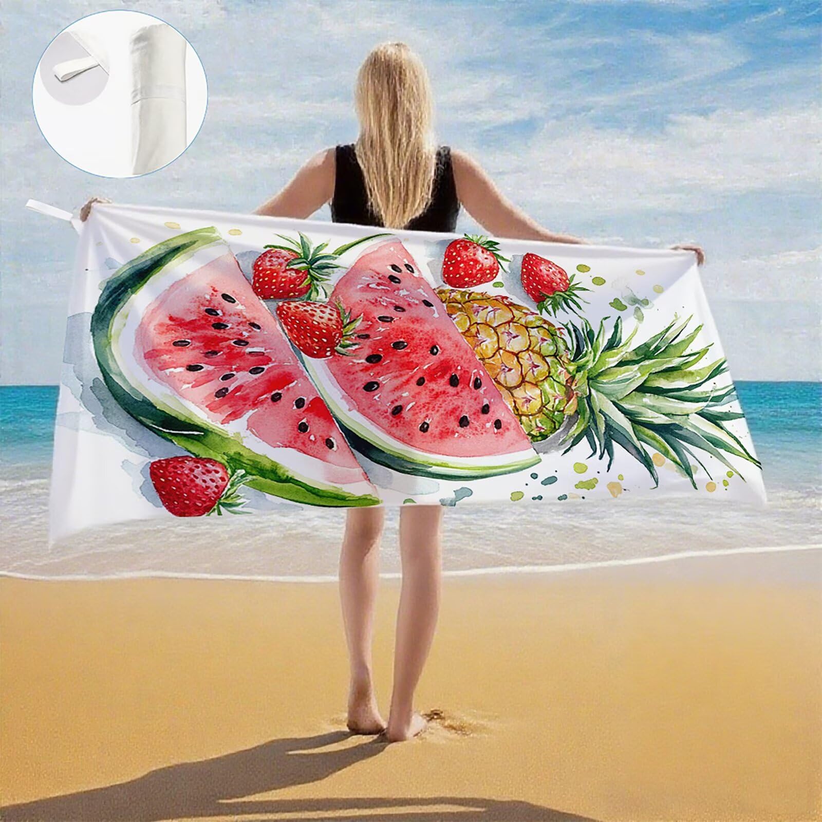 Serviette de Plage Microfibre Serviette Plage 80x180 2 Pack Séchage Rapide, Anti-Sable, Absorbante Fonction Drap de Plage XXL pour Bain, Sport, Voyages, Sauna, Piscine, Yoga, avec Sac Pastèque Q-804