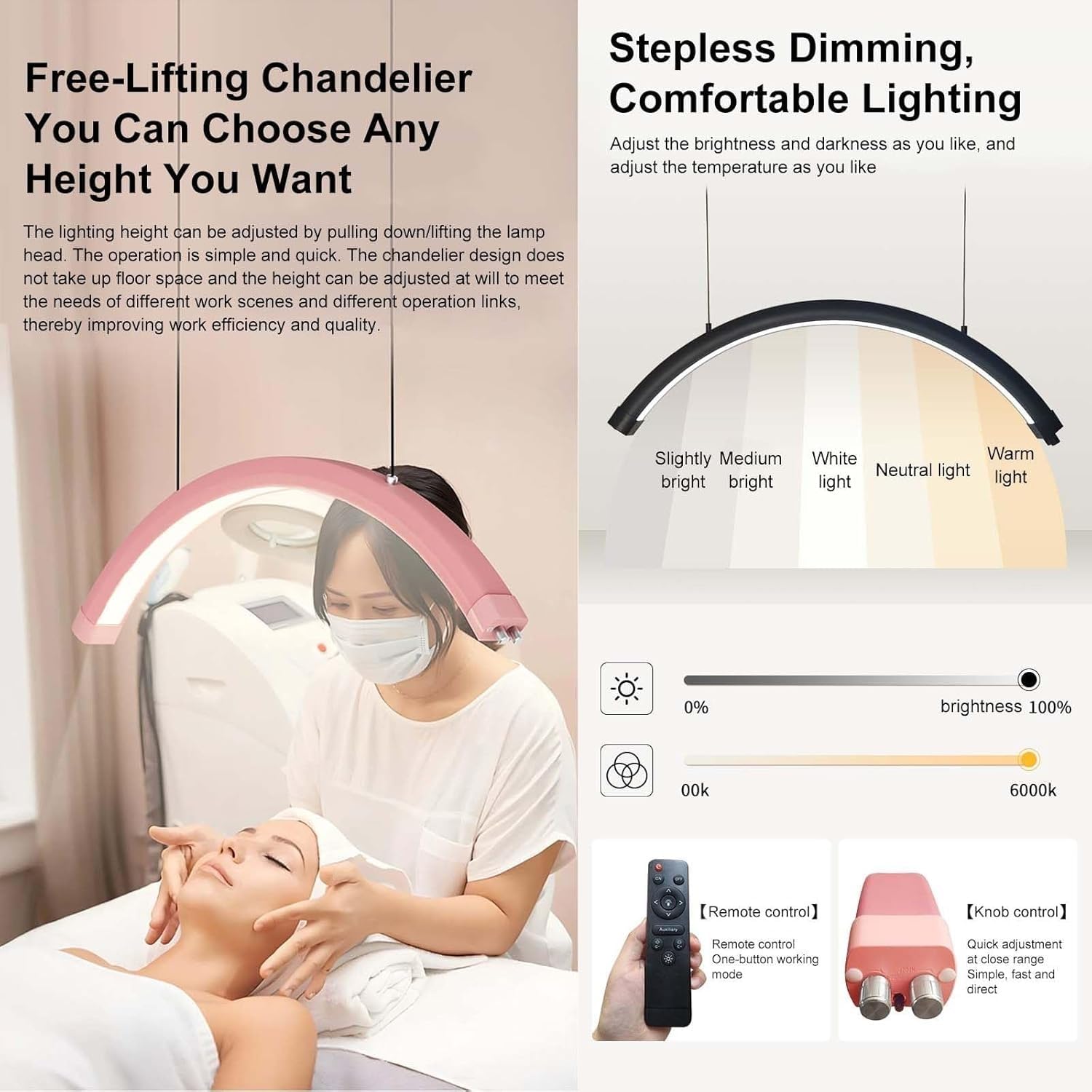 Lampadario a Mezza for Ciglia, Lampada a LED Dimmerabile da 28 Pollici 48W for Estetista Nail Tech Beauty Tatuatori, Luminosità 3360LM Altezza Regolabile Rosa(Black)