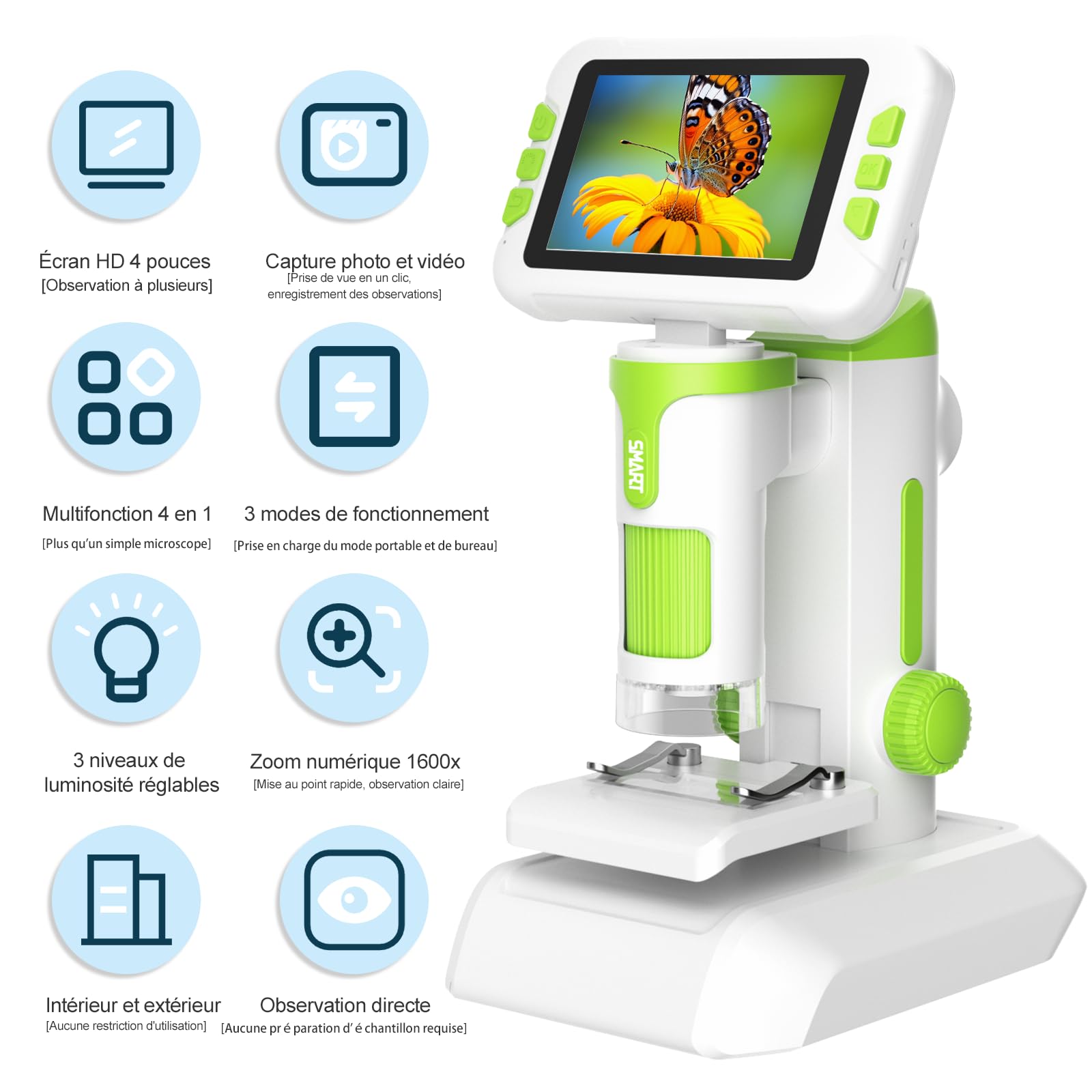 Microscope Enfant Portable 1600x Zoom, 4" Écran IPS avec Photos et Vidéos, Carte TF 32G, Rechargeable Batterie, Connexion PC directe, Kit d'Expériences Scientifiques pour Les de 6 à 12 Ans