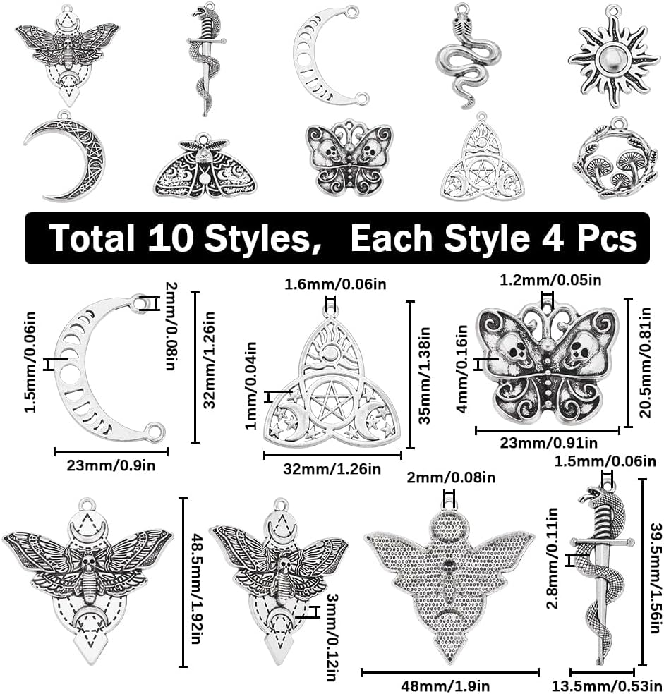 SUNNYCLUE 40PCS 10 STYLES Gothic Charms Tarot Charms Bulk Goth Tibetan Antique Silver Moth Butterfly Skull Moon Phase Snake Magic Charm Bulk for Jewelry Making Charms Diy Earrings Necklace Craft - Image 2