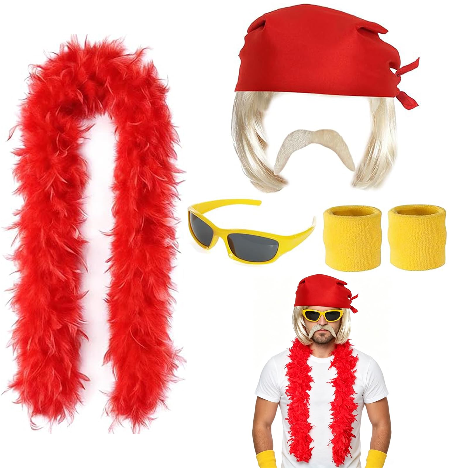 KFSCIP 7-Piece Hulk Hogan Costume Set, Wrestler costume Kit, Red and Yellow Theme, Including Feather Boa Kerchief, wig and headscarf, beard and bracelet, glasses and necklace, wig and headscarf