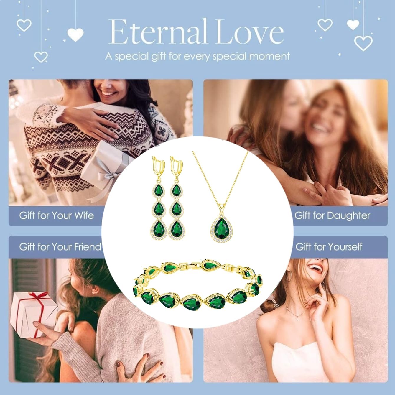 LMXXVJ Necklace Long Earrings Bracelet Set, White Gold Plated Created Blue Sapphire Jewelry Set Wedding Party Gift Jewelry for Women Bridal Bridesmaid - Image 4