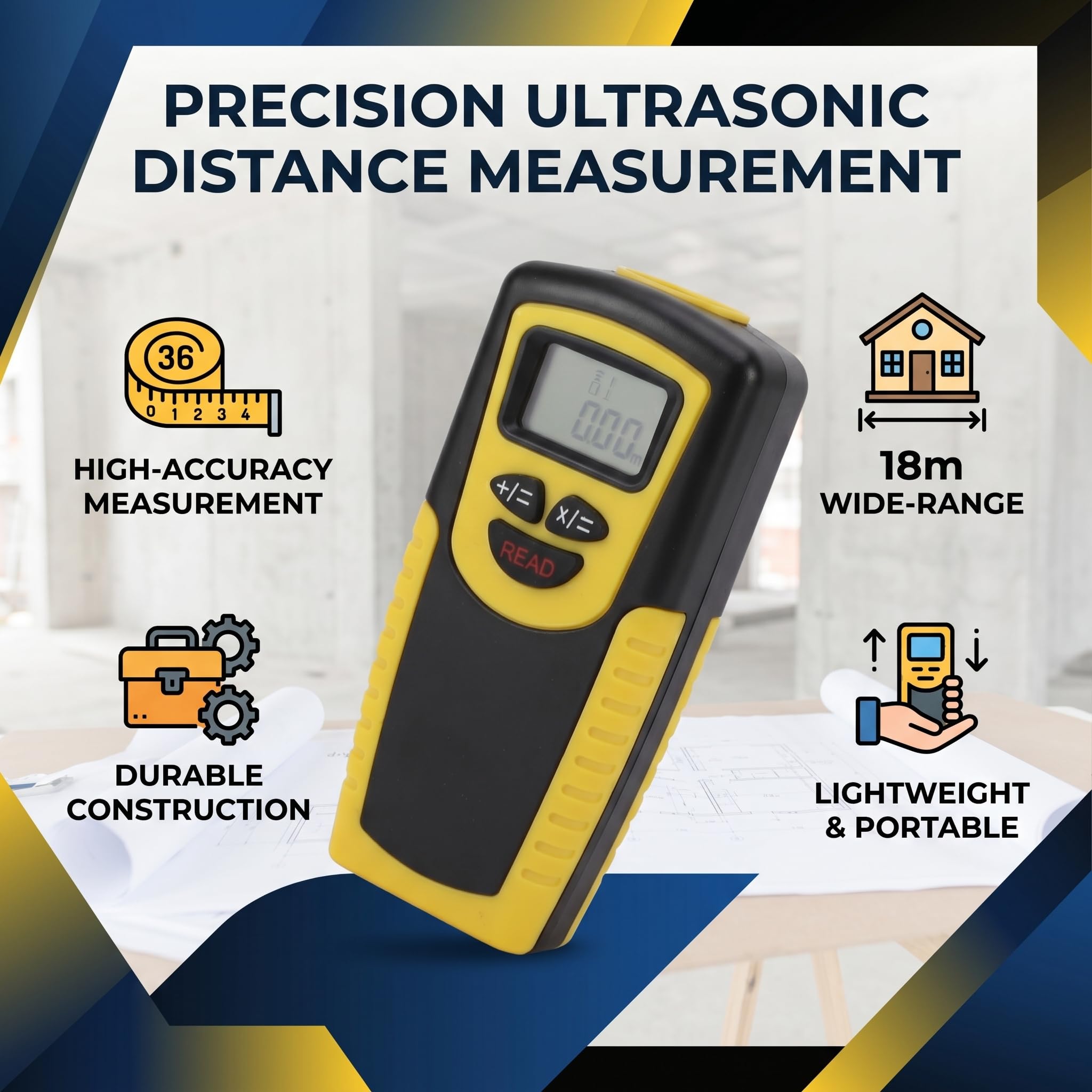 TéléMètre à Ultrasons, Résolution de 0,01 M, Portée de 18 M, Machine D'arpentage Portable, équipement D'arpentage Portatif avec Un Plus Grand écran LCD rétroéclairé pour la