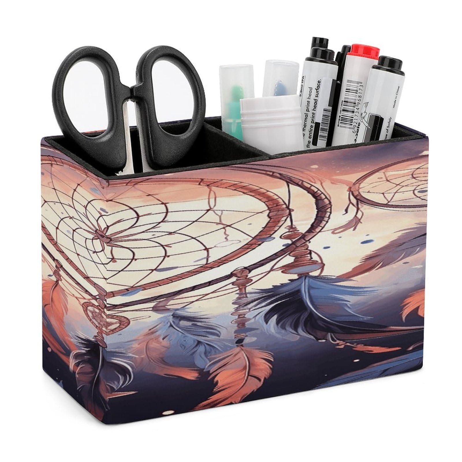 VstaDank Native American Dream Catcher Pen Holder Double Compartments Pen Cup Fashion Makeup Brush Holders Leather Pencil Holder for Work Locker Accessories Modern Pencil Cup for Desk Organizer