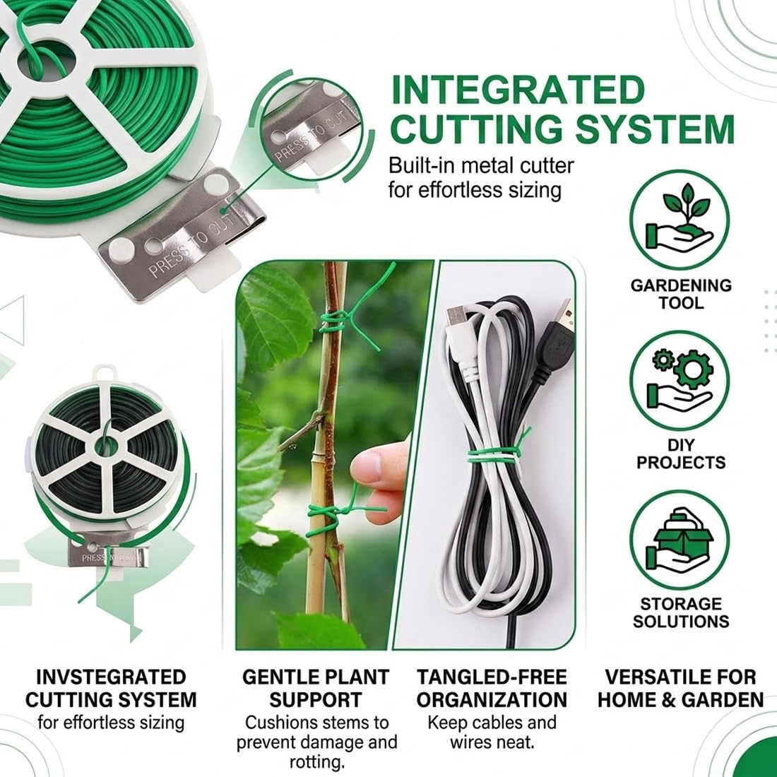3x30m Filo di Ferro Plastificato - Legacci per Piante e Pomodori, Filo Legatura con Taglierino e Supporto, Resistente UV, Modellabile, per Giardino, Cavi e Fai da Te – Verde, Bianco, Nero
