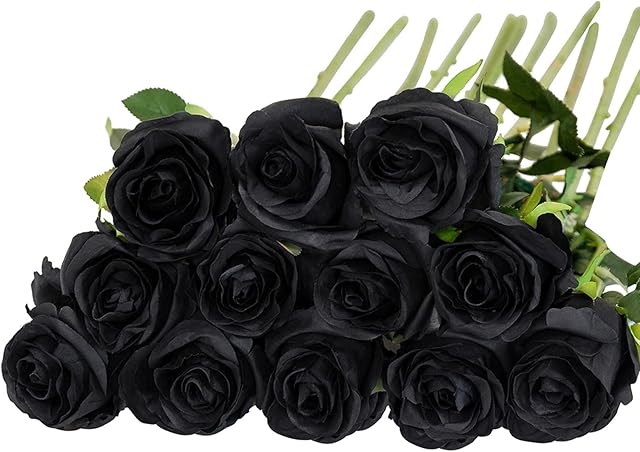 Floralsecret 12 Pcs Artificial Roses Flowers Silk Flower Bouquet Fake Single Stem with Long Stem for Home Wedding Party Garden Decoration (Black)