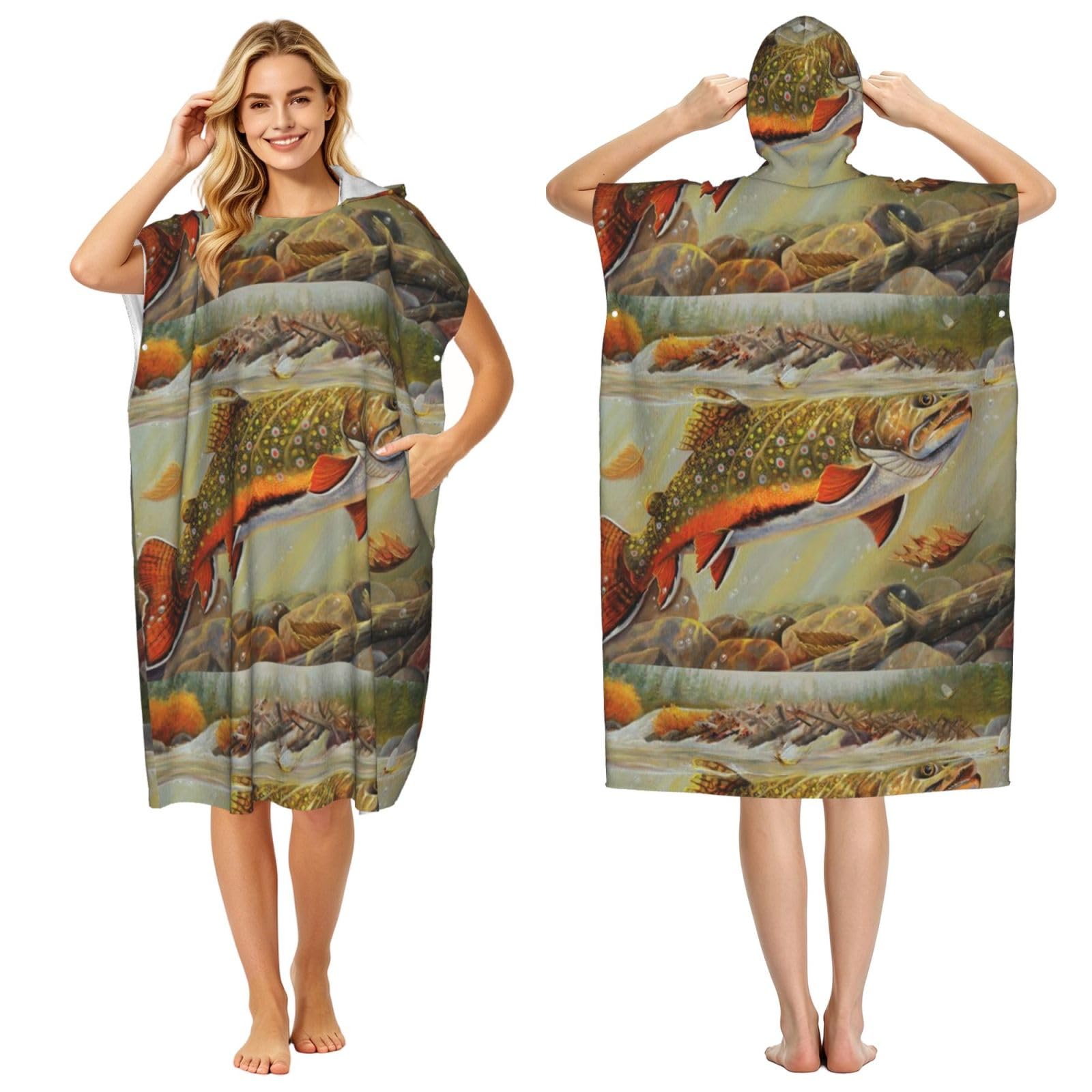 Poadnly Trout Fly Fishing, Adult Hooded Beach Towel 90 x 110 cm,Changing Bath Robe, Surf Poncho Towel For Women Men
