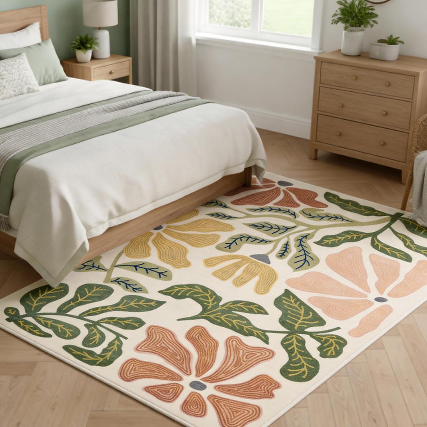 Warmstar 8×10 Area Rug for Living Room,Washable Large Area Rug Non-Slip TPR Backing, Leaf & Floral Print Faux Wool Low Pile Vintage Botanical Carpet for Living Room Bedroom Dining Room, Cream Base