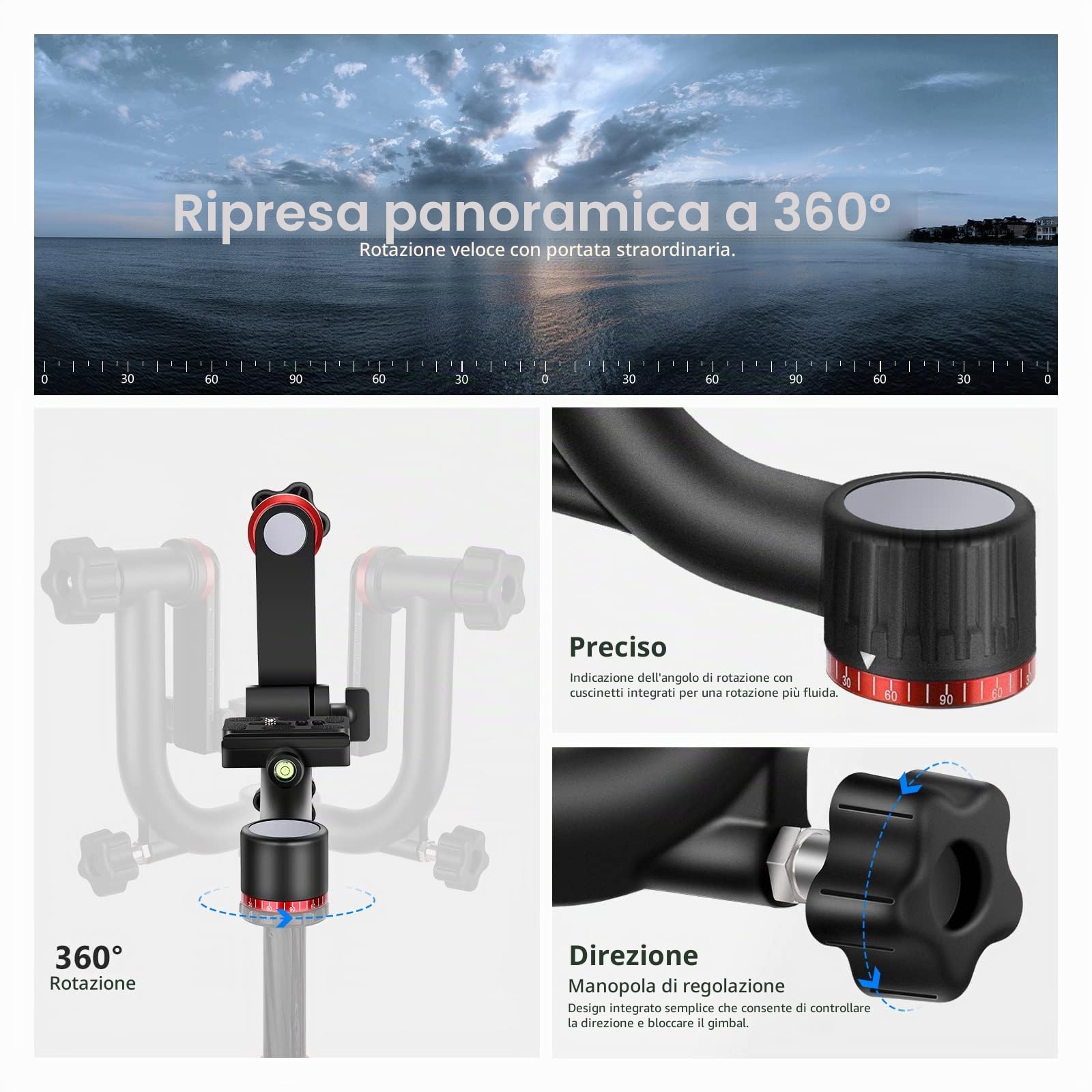 NEEWER Gimbal Testa Treppiede professionale in lega di alluminio ad alte prestazioni con piastra a sgancio rapido Arca, GM101 supporta riprese panoramiche a 360 gradi più fluide per fotocamere DSLR