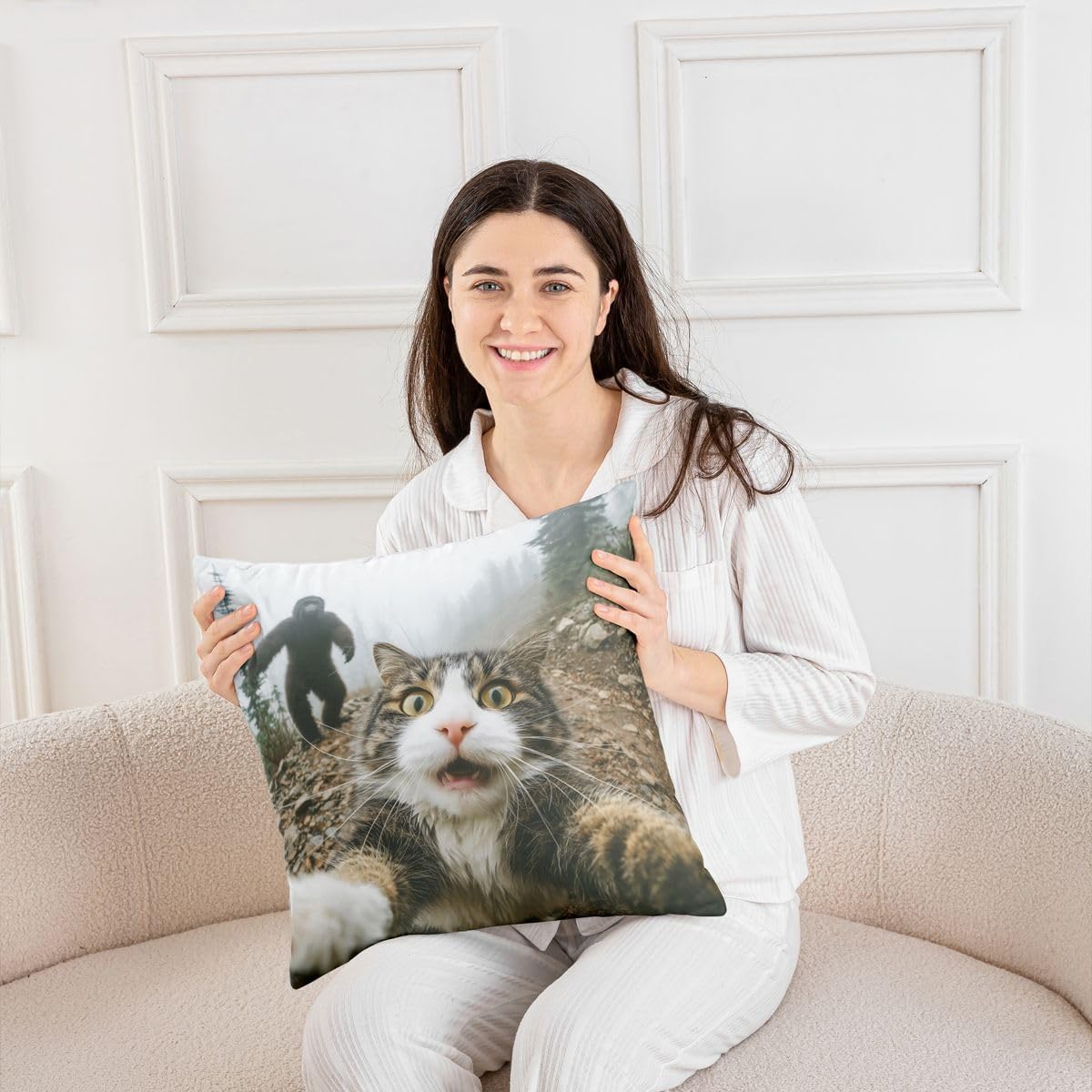 Cat and Bigfoot Throw Pillow Covers (Pack of 1),Funny Kitten Cushion Cover for Kids Boys Teens Nature Forest Mountain Scenery Pillow Cases Wild Animals Living Room Sofa Bed Decor ,20"Lx20"W image 4