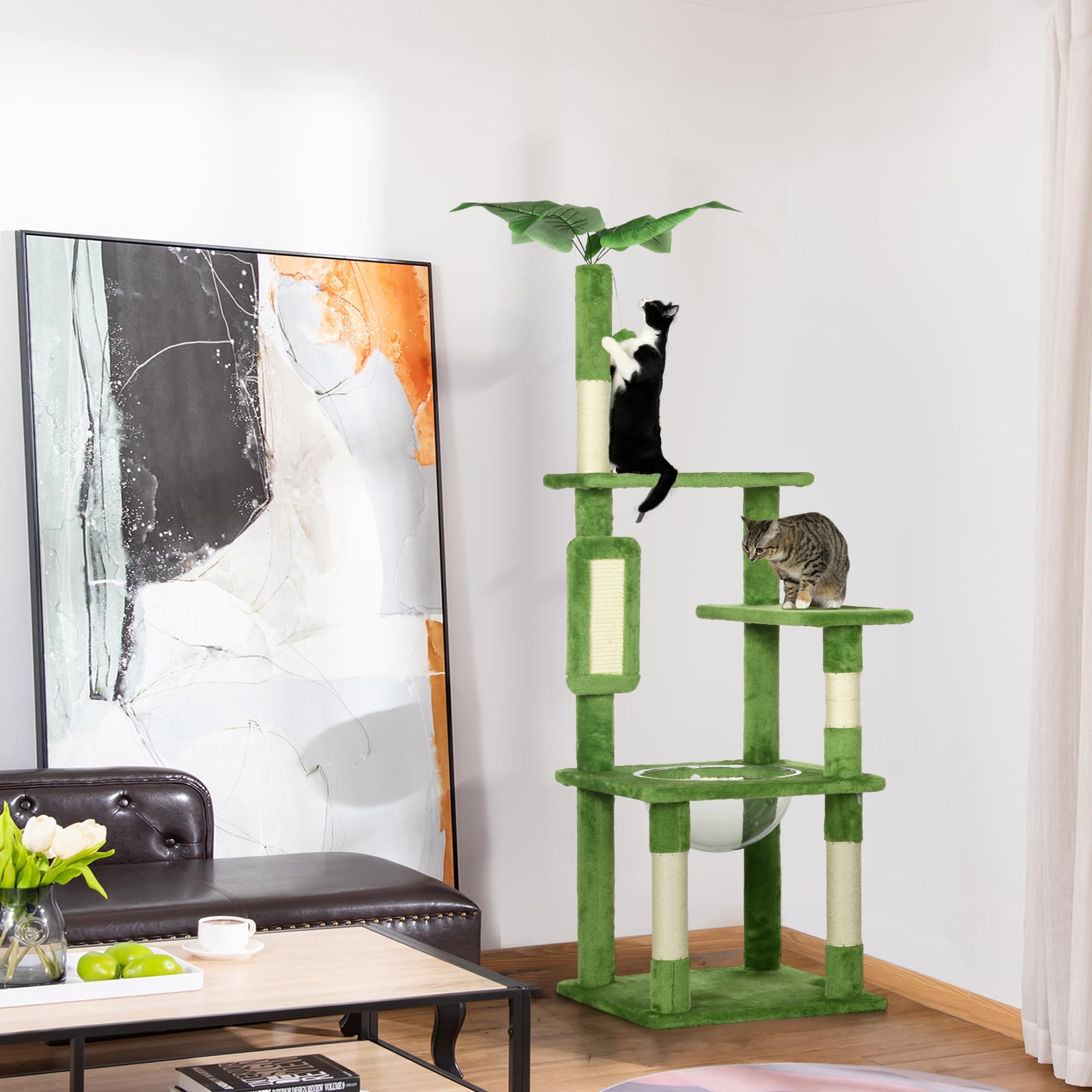 PawHut Albero per Gatti Multilivello Amaca Tiragraffi 49x49x142 cm Verde | Pallina, Foglie Decorative, Rivestimento in Peluche