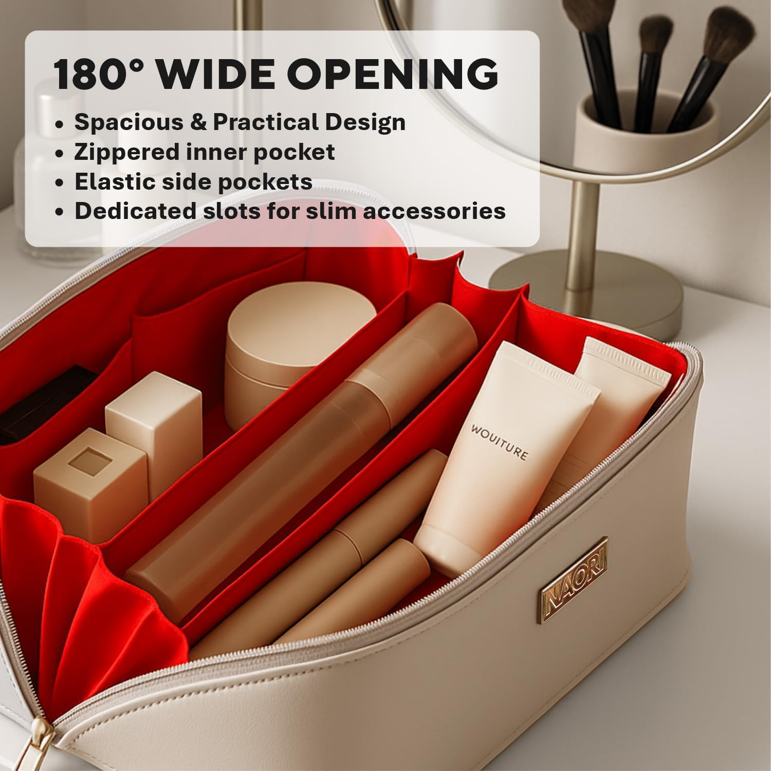 NAORI Travel Makeup Bag for Women | Large Luxury Cosmetic Organizer with Handle & Inner Pockets | Waterproof Faux Leather Toiletry Bag | Makeup Case for Home, Travel & Gifting (Creamy Beige) - Image 5