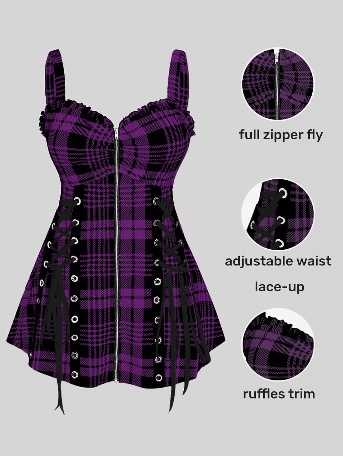 ROSE GAL Womens Plus Size Curve Lace Up Full Zipper Plaid Tank Tops Gothic Sleeveless Strap Tank Top - Image 2