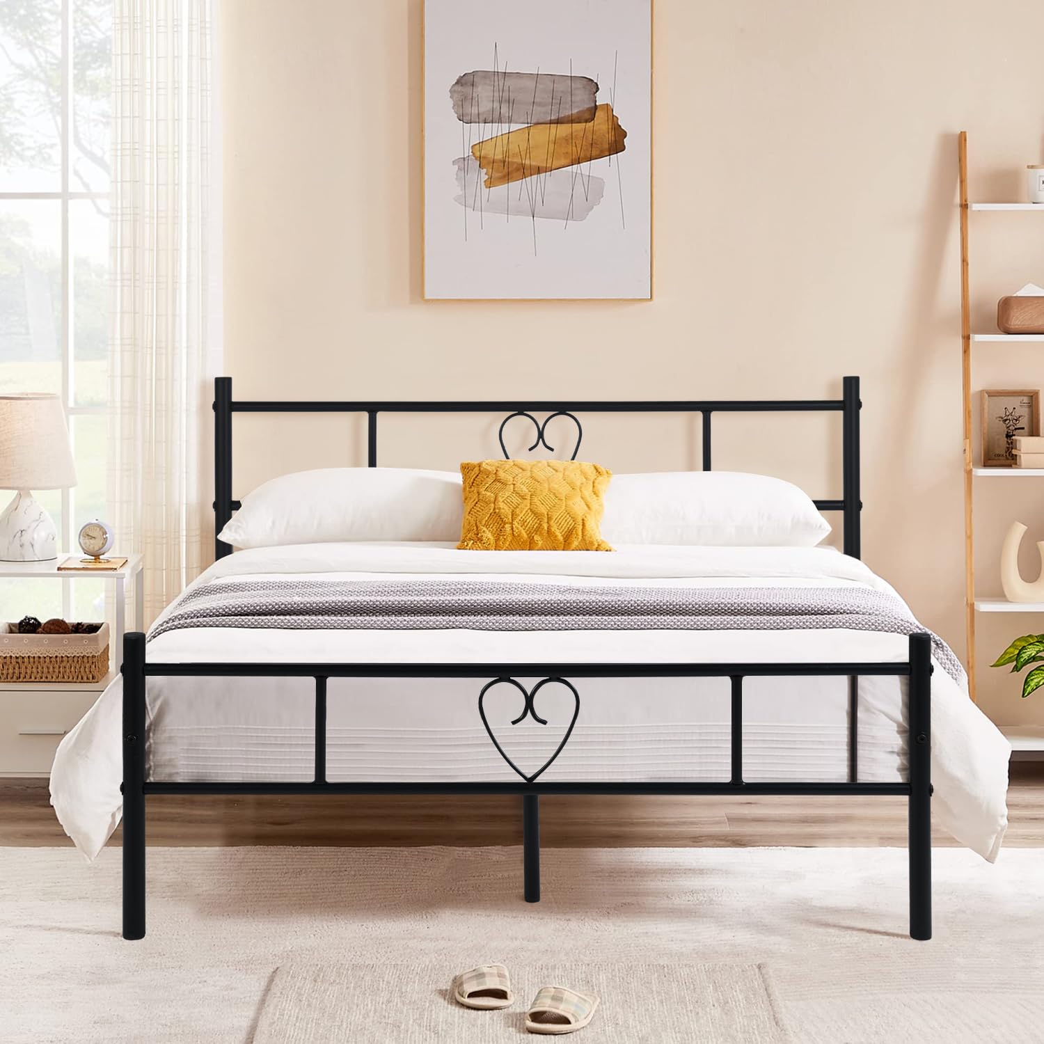 buybyroom Small Double Bed Frame 4ft with Heart Symbol Headboard - Sturdy 120x190cm Metal Bed Frame for Adults & Families