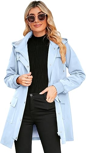 Miniatura 4 de Bloggerlove - Chaqueta de lluvia para mujer, impermeable, ligera, resistente al agua y al viento, diseño a rayas, cortavientos con capucha, para uso