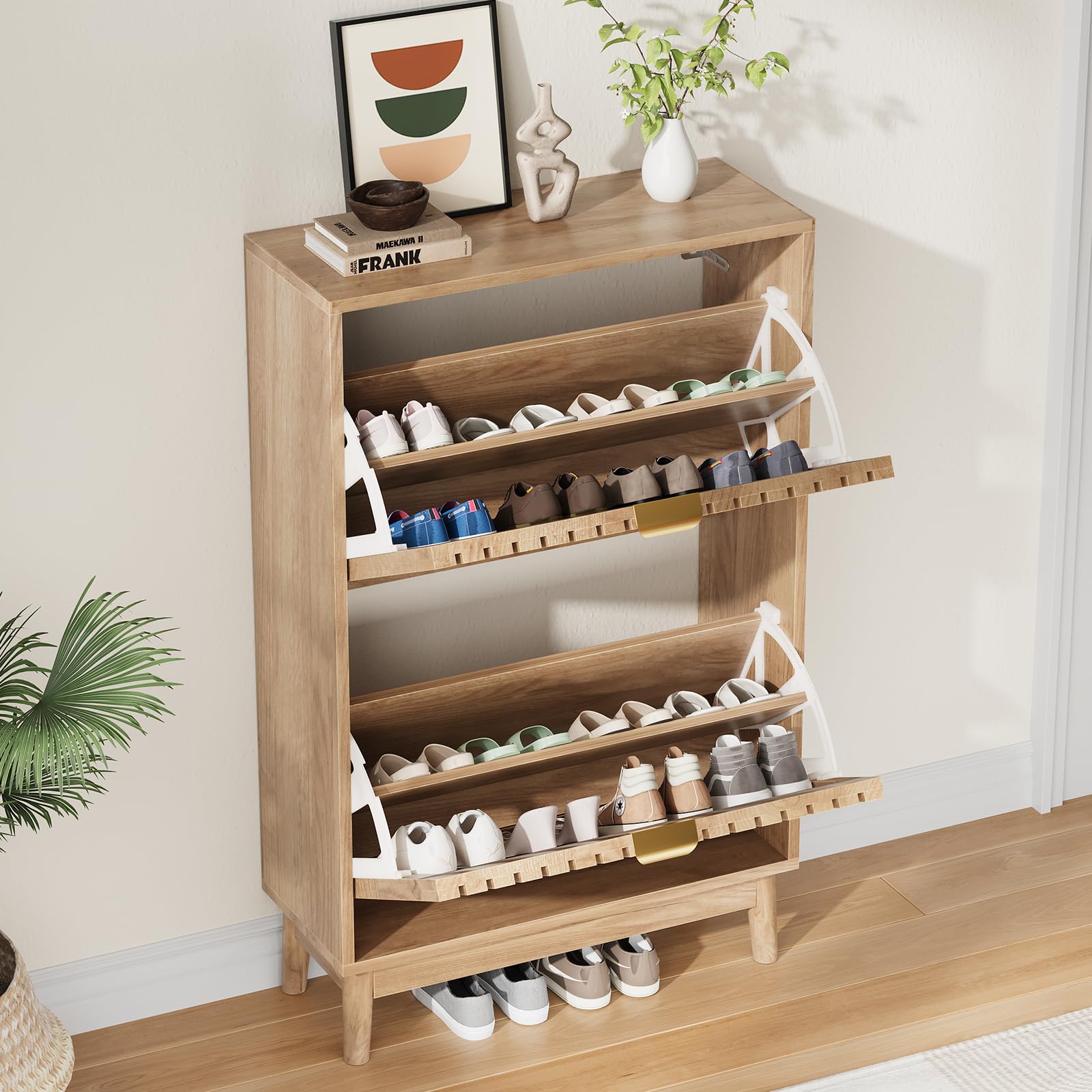 Kiasthome Mueble Zapatero de Madera con 2 Cajones Abatibles, Organizador de Zapatos con Puertas Rejilladas Ventiladas, Zapatero Moderno para Entrada, Pasillo y Salón (Natural, 60 cm)