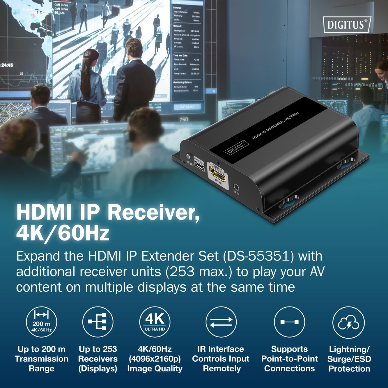 DIGITUS HDMI IP Extender Receiver für DS-55351 – UHD 4k 60Hz – HDMI 2.0 – bis zu 200m Reichweite – Emfängereinheit – Punkt-zu-Multipunkt – CAT 6 – Schwarz
