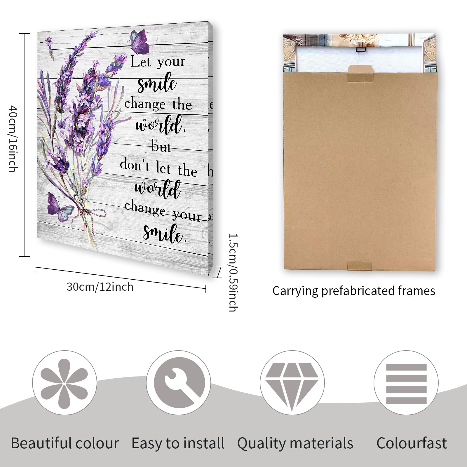 Qiukoo Wall Art Framed Canvas with Quote, Lavender & Butterfly Print with Pre-Mounted Hooks - Image 3