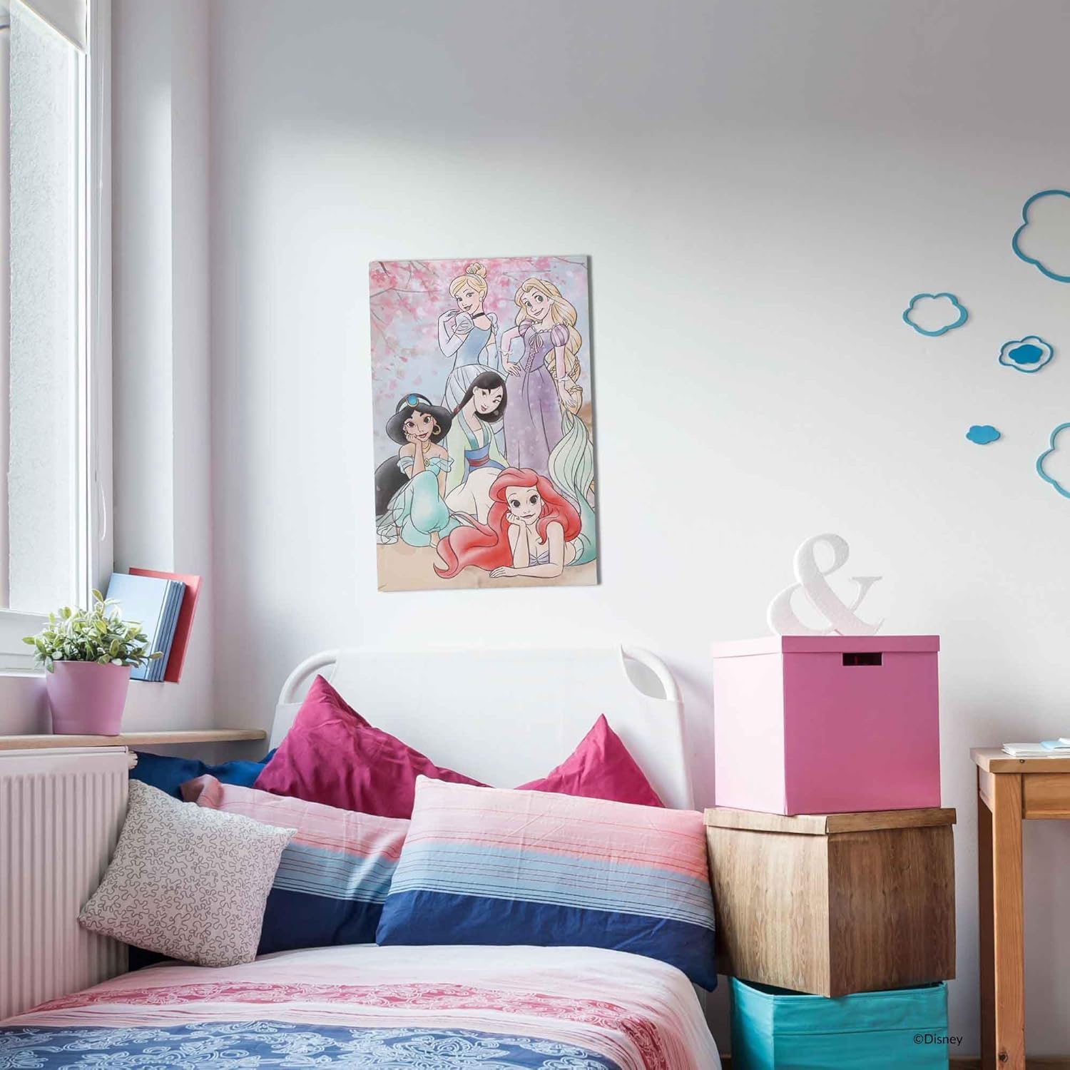 Open Road Brands Disney Princesses Gallery Wrapped Canvas Wall Decor - Soft Pastel Canvas With Ariel, Jasmine, Cinderella and Mulan - Large Princess Wall Art