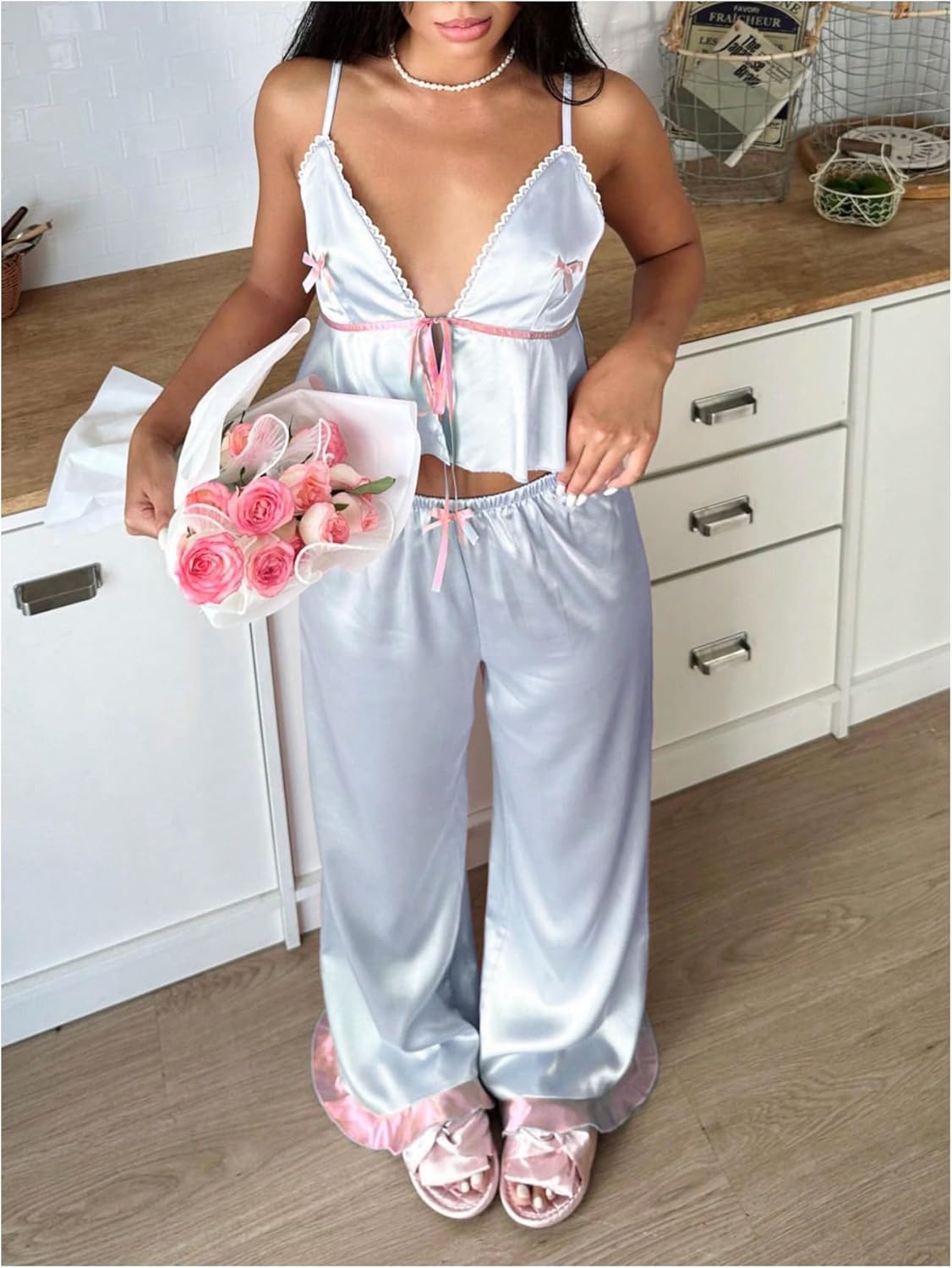 SweatyRocks Women's Pajama Sets 2 Piece Cute Sleepwear Spaghetti Strap Camisole and Wide Leg Pants Sleepwear Set - Image 5