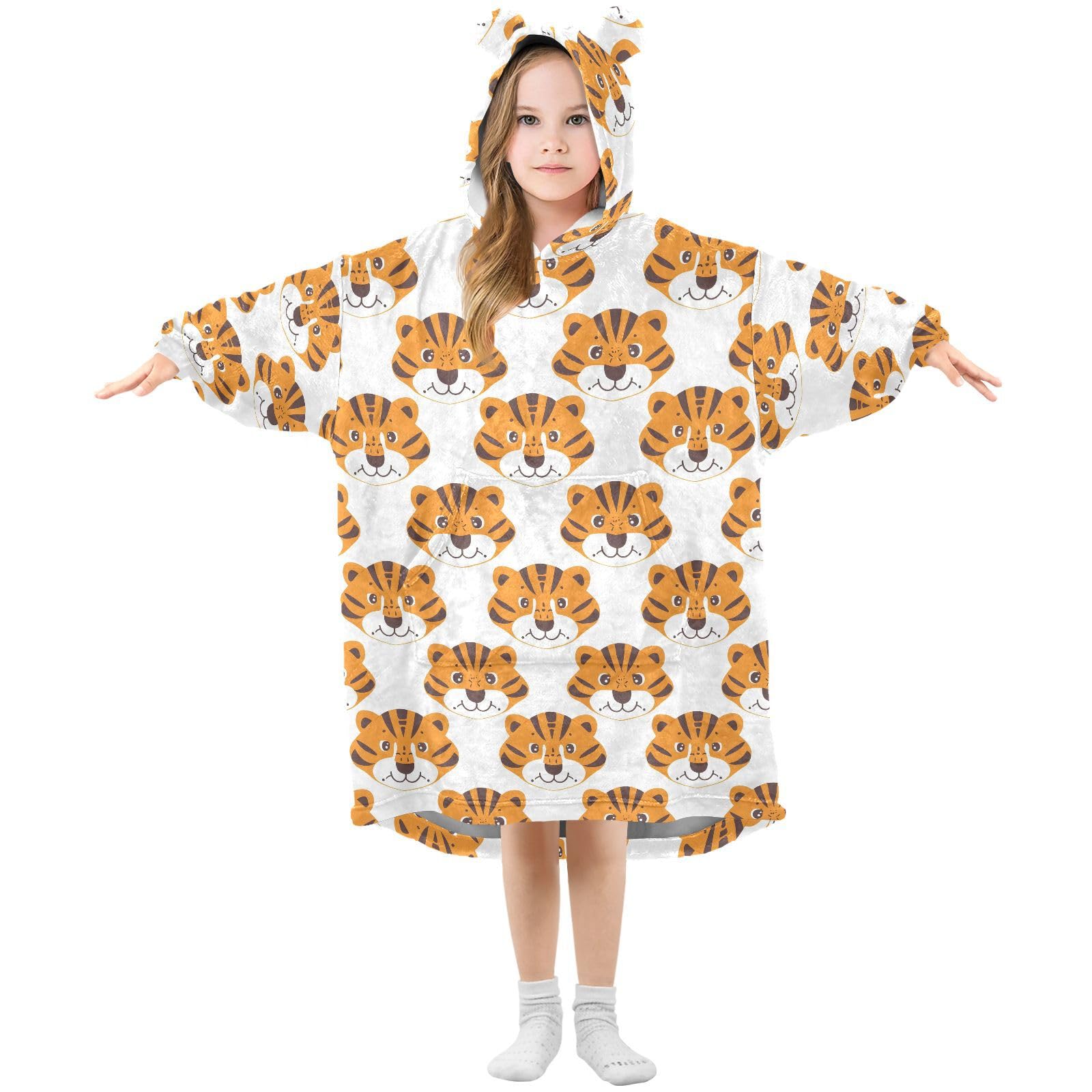 Oversized Blanket Hoodie for Kids Adult Girls Boys, Fleece Hoodie Blanket Many Tiger Warm Plush Wearable Blanket Hoodie Sweatshirt with Roomy Pocket, Large