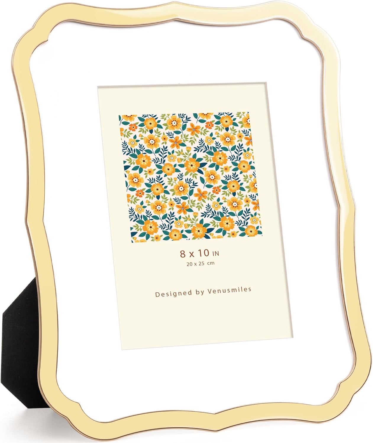 Venusmiles 8x10 Enamel Picture Frame with Mat to 5x7, Wavy Cloud Border, Gold Metal Edge Easel, Real Glass Photo Frame for Wall and Tabletop Display Family Office Photo Gallery, White Enamel/1pc