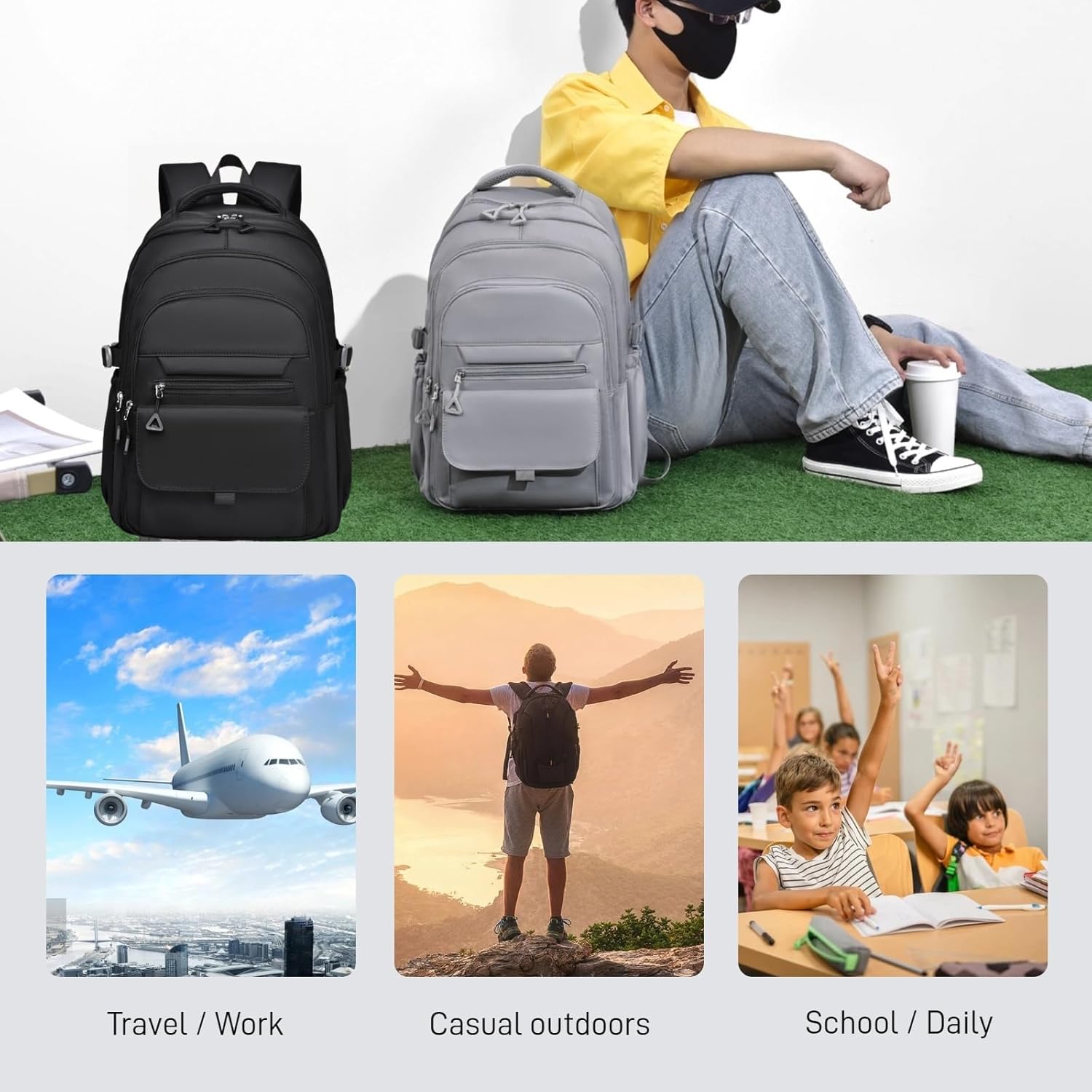 Backpack for Girls, Solid-Color School Backpack for Boys Kids, Aesthetic Girls Bookbag for Elementary School Travel Daypack,Black - Image 2