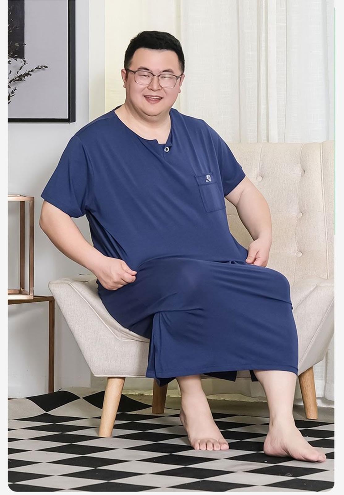 Generic Męska koszulka nocna w rozmiarze plus size Wygodna koszula nocna z krótkim rękawem Big & Tall Henley,Blue,3XL
