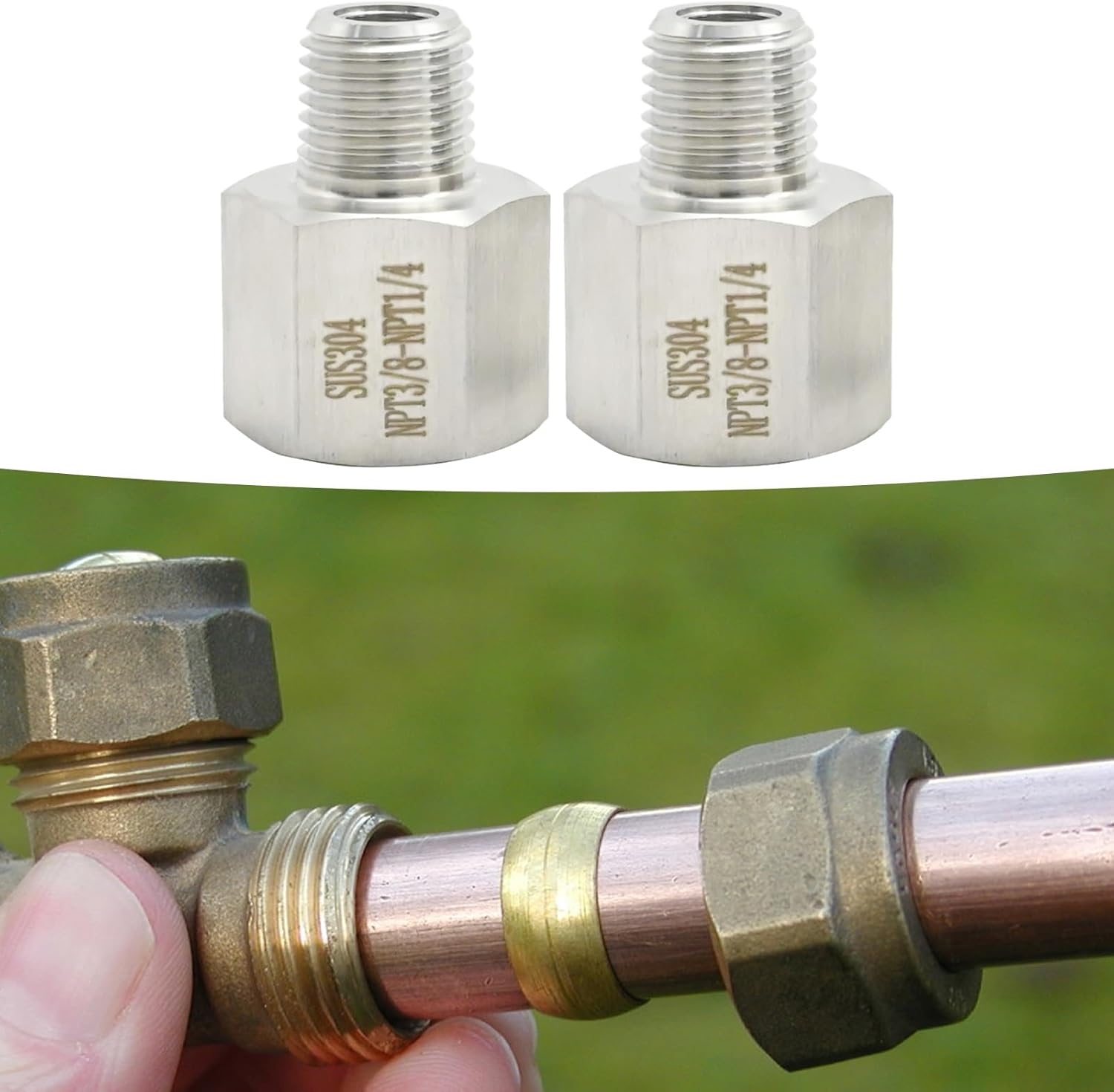 VIKKSAER 1/4 Inch Male NPT 3/8 Inch Female NPT Reducing Pipe Adapter Fitting, Stainless Steel Forging Hex Bushing for Connecting Water, Air, Gas Pipes