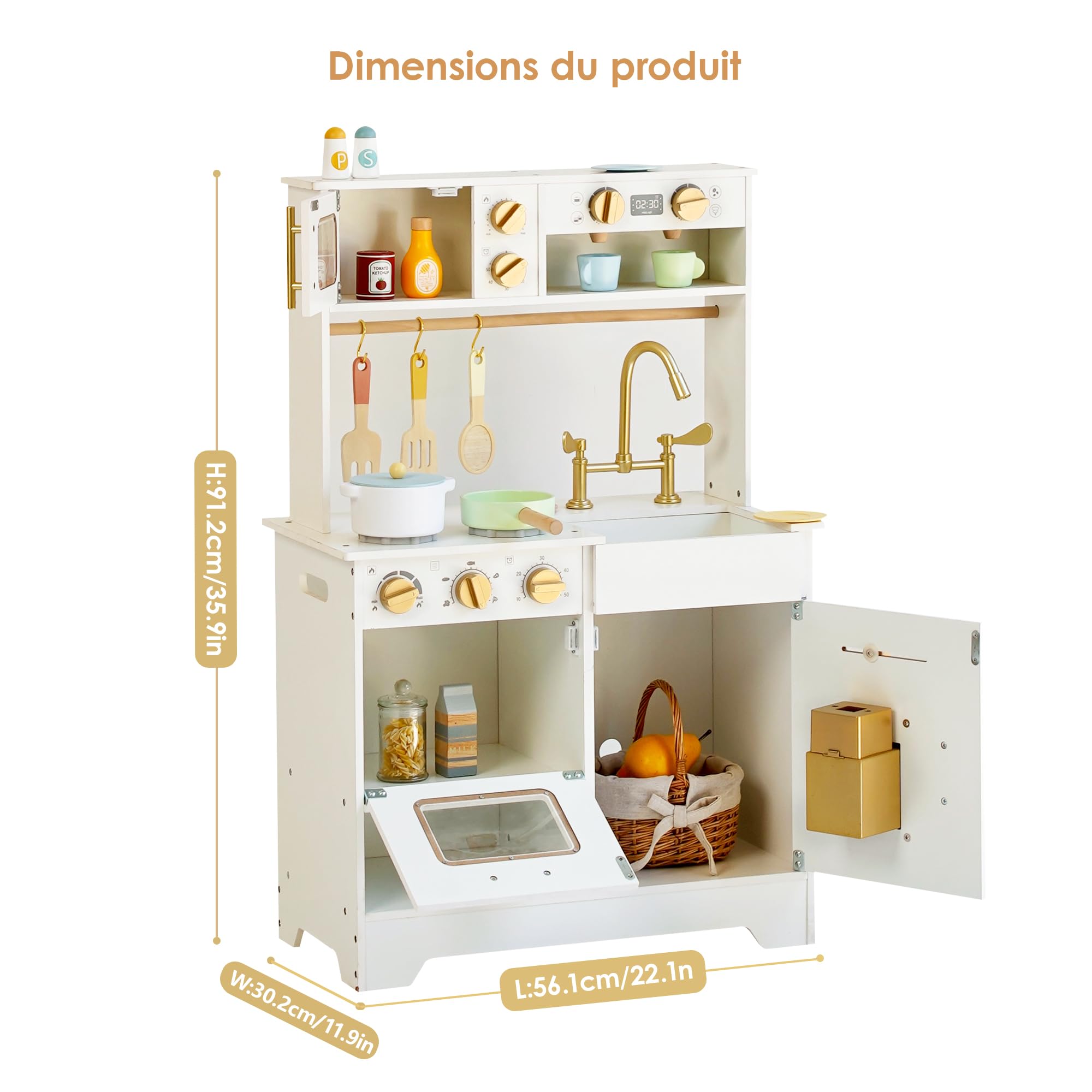 Cuisine Enfant en Bois avec Distributeur Glaçons, Ustensiles et Rangements | Accessoires Inclus évier, plaques de Cuisson, Micro-Ondes, Cuisine Blanche idéale pour Les Tout-Petits dès 3 Ans