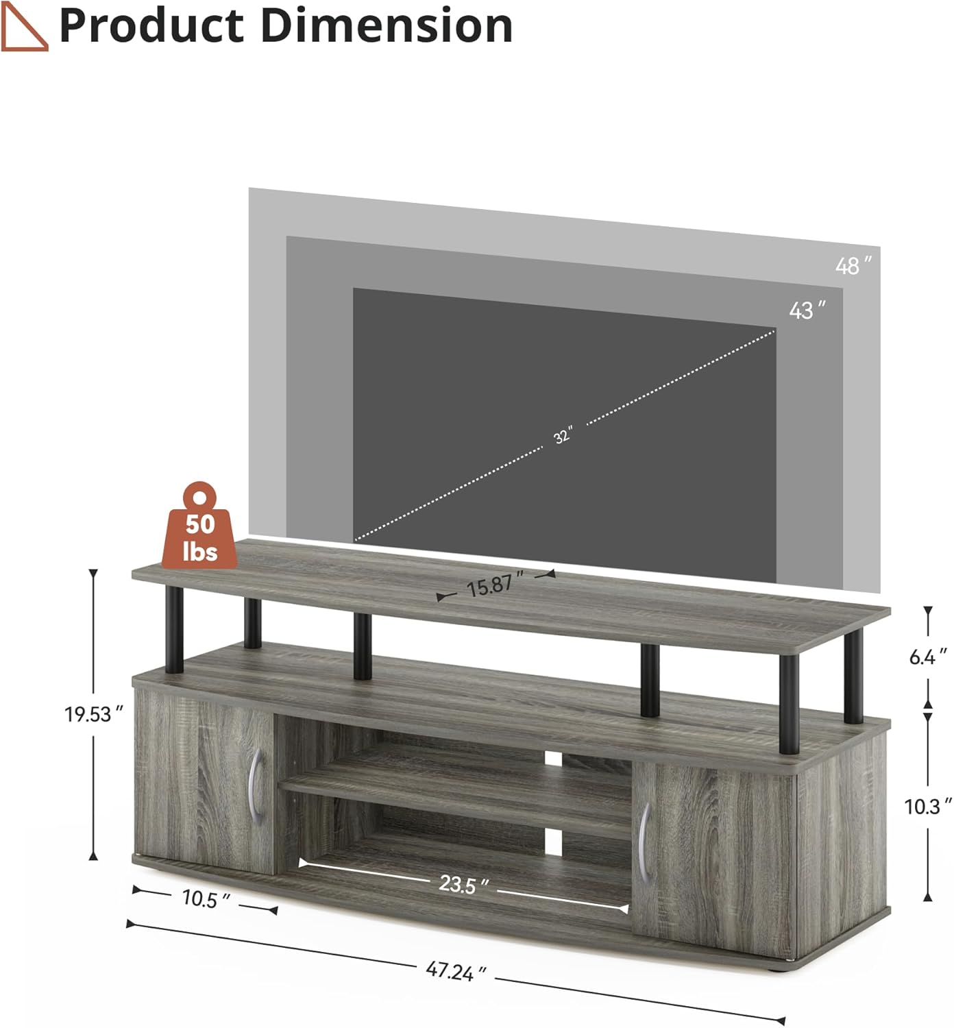 50 Inch TV Stand with Doors, Grey Entertainment Center for TV Up to 50 Inch, TV Stand Wood for Bedroom, Living Room, Grey