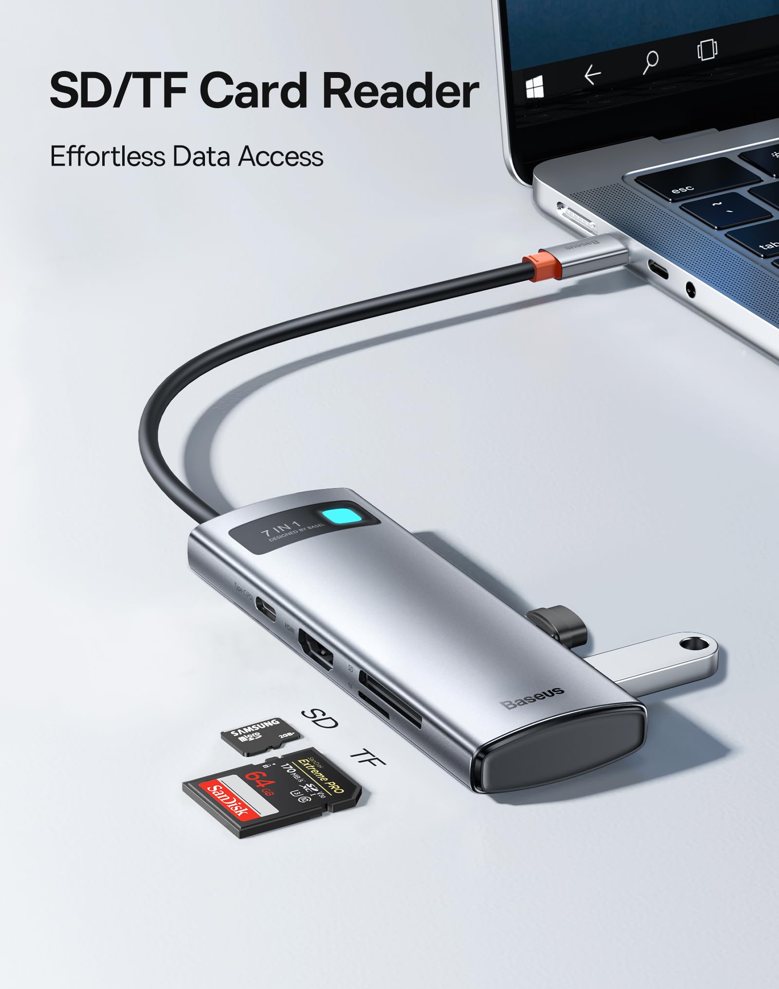 Baseus Koncentrator USB C 7 w 1, adapter do stacji dokującej z 4K HDMI, 100 W PD, 2 USB 3.0 5 Gb/ps, 1 USB C, czytnik kart SD/TF do iPhone 15, laptopów MacBook/Surface Pro/iPad/Steam Deck/Rog