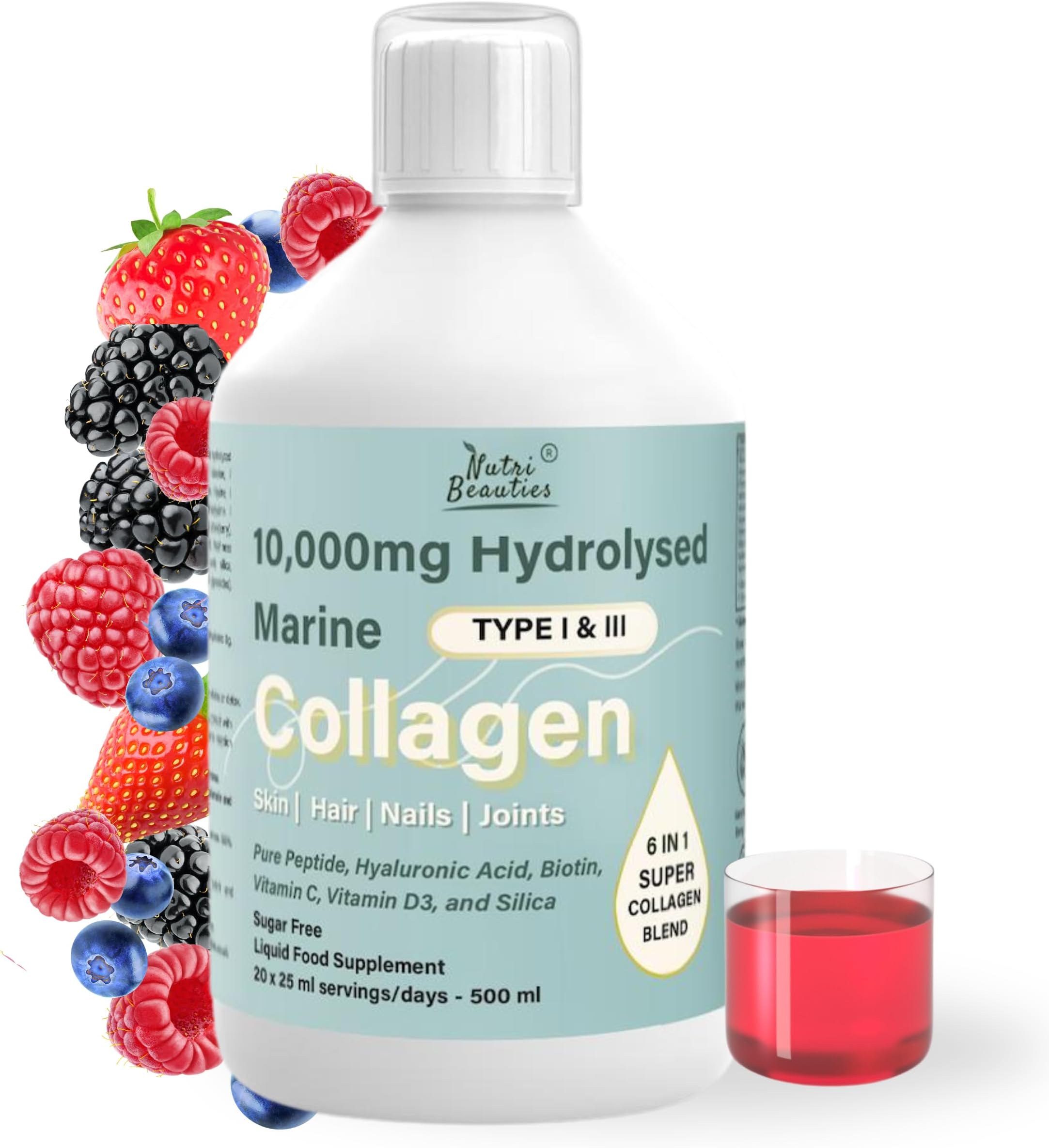 Hydrolysed Marine Collagen Liquid Drink Supplement 10,000Mg + Hyaluronic Acid, Biotin, Vitamin C, D for Hair, Skin,Nails, Joints, 500ml