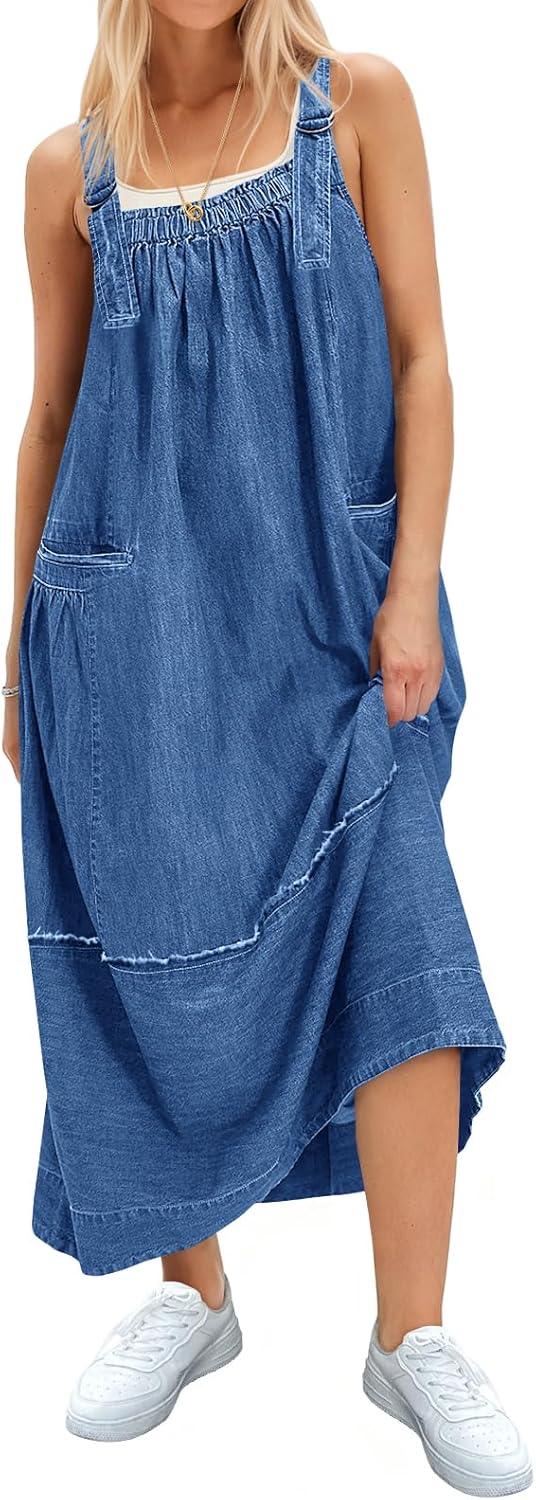 Cicy Bell Women's Denim Overall Dress Casual Adjutable Strap Back Drawstring Loose Jumper Bib Maxi Dresses with Pockets - Image 2
