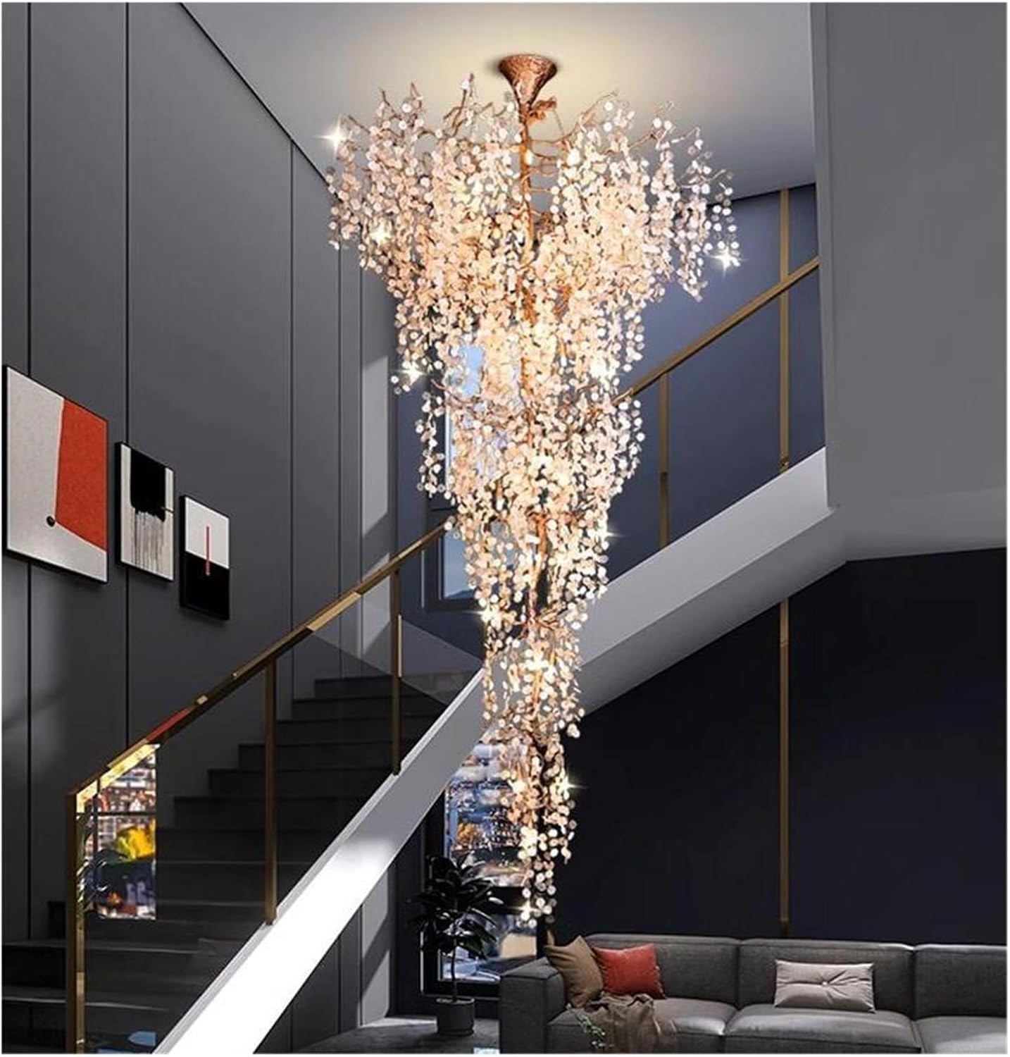Luxury Gold Tree Branch Leaf Long Chandelier Villa Chandelier Hotel
