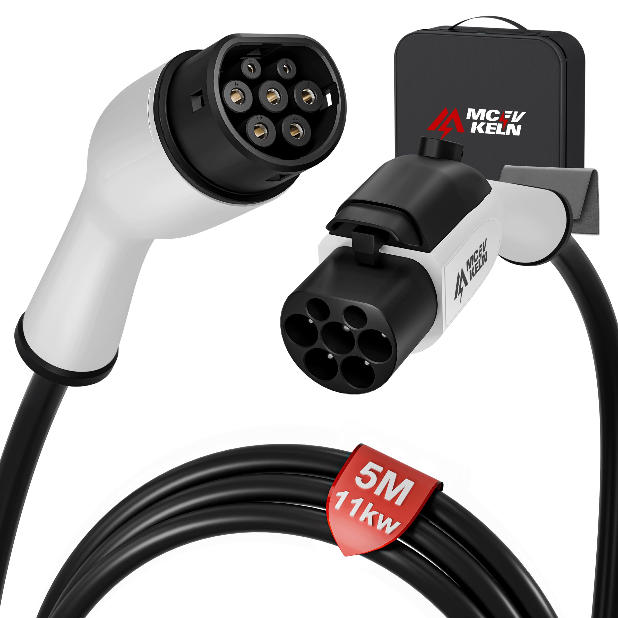 Verlängerung für Ladekabel Elektrofahrzeug Typ 2 11kW |16A 3Phase | 5M Verlängerungskabel mit Schloss für Hybrid & Elektroauto IEC62196-2, Ladeverlängerungskabel Typ 2, Weißer Stecker