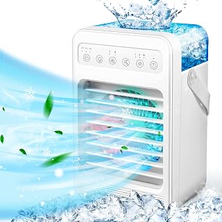 Portable Air Conditioners, 6-IN-1 Evaporative Personal Air Cooler Humidifier with 4 Speeds, 7 Colors Light, 600ML, Mini Personal Air Conditioner Fan