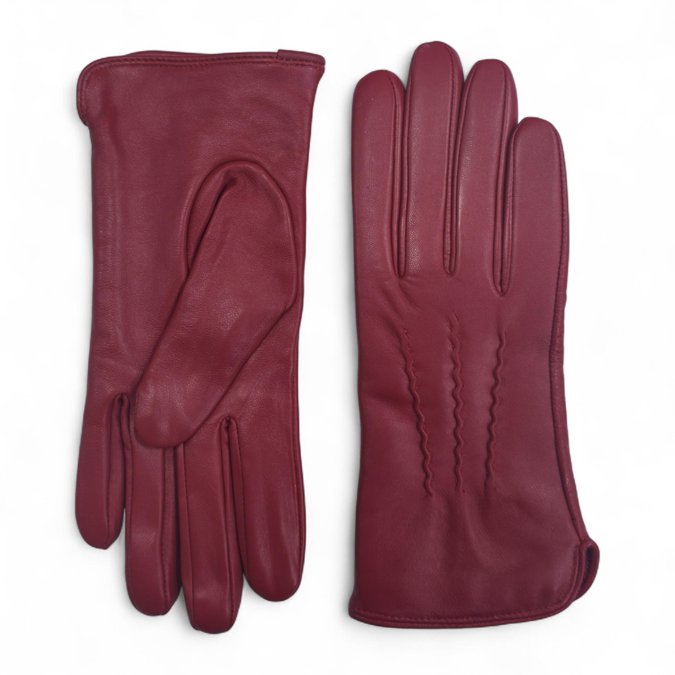 Infinity Leather Women's Red Italian Leather Stitch Line Design Soft Wool Lining Winter Gloves In | : Small