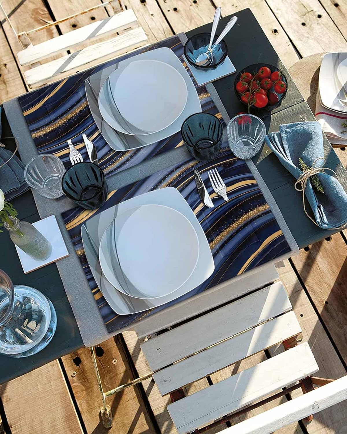 Marble Placemats Set of 6, Woven Placemat Washable Wipeable Table Placemat with Pocket, Holiday Cloth Table Mat for Party Kichen Dinner Modern Navy Blue Abstract Gold