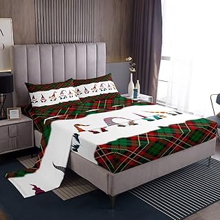 Christmas Santa Claus Gnomes Bedding Set For Kids King,Boys Girls Cute Xmas Sheet Set Red Black Green Buffalo Plaid Check Bed Sheets Scandinavian Dwarf Fitted Sheet + Flat Sheet + 2 Pillow Cases
