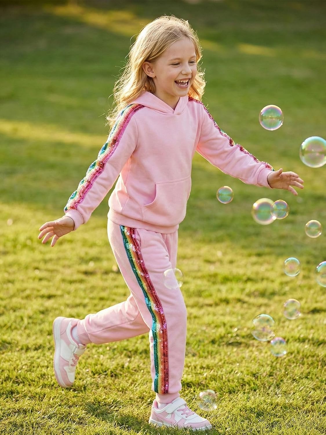 WELAKEN Girls 2 Piece Outfit Rainbow Sequin Striped Sweatshirt & Sweatpants Clothing Set