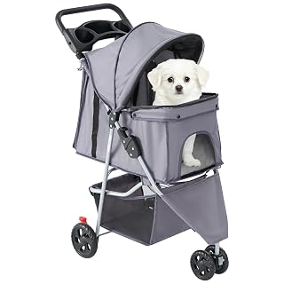 Smug 3 Wheels Pet Stroller, Dog and Cat Strollers, Storage Basket and Cup Holder, Breathable Mesh, Lightweight Travel Carrier, Waterproof and Foldable for Small Pets Outdoor Walk, Grey - Amazon product rated Grade A